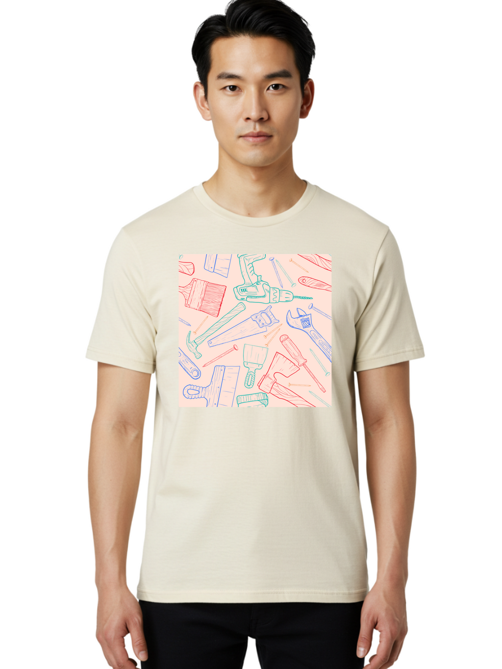 Hand-Tools Men'S Graphic Tee, 100% Cotton, Comfortable Casual Summer Wear, Machine Washable, Hand Tools, Diy Equipment, Construction Tools, Hammer, Screwdrivers, Pliers, Saws, Wrenches, Paintbrushes, Rollers, Hand-Drawn Illustrations, Aac396