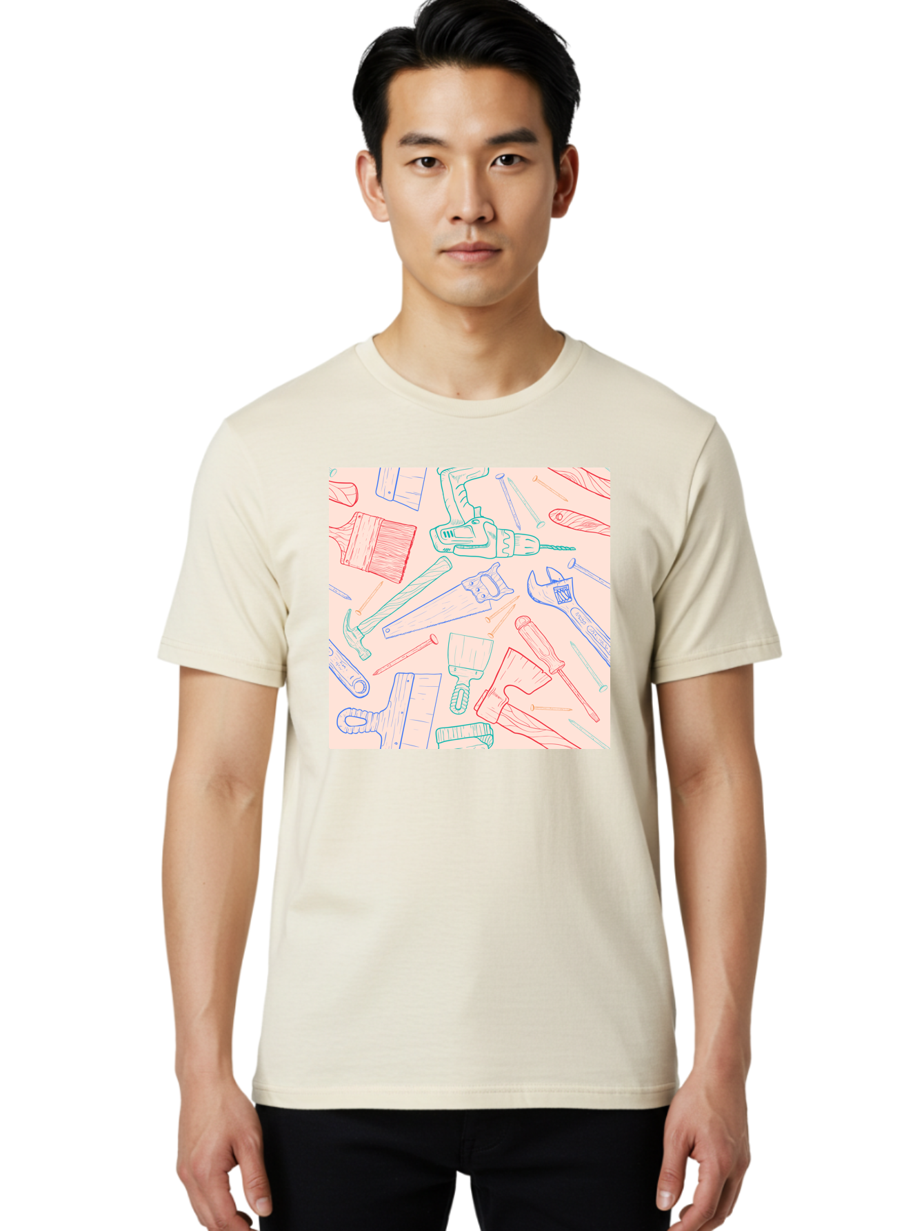 Hand-Tools Men'S Graphic Tee, 100% Cotton, Comfortable Casual Summer Wear, Machine Washable, Hand Tools, Diy Equipment, Construction Tools, Hammer, Screwdrivers, Pliers, Saws, Wrenches, Paintbrushes, Rollers, Hand-Drawn Illustrations, Aac396