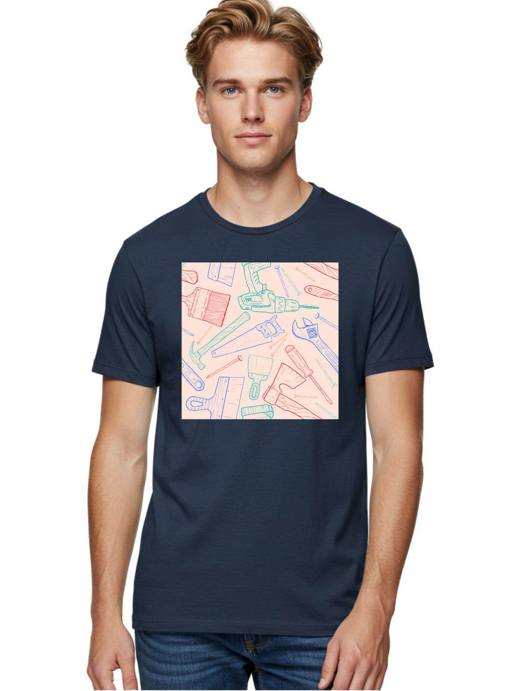 Hand-Tools Men'S Graphic Tee, 100% Cotton, Comfortable Casual Summer Wear, Machine Washable, Hand Tools, Diy Equipment, Construction Tools, Hammer, Screwdrivers, Pliers, Saws, Wrenches, Paintbrushes, Rollers, Hand-Drawn Illustrations, Aac396