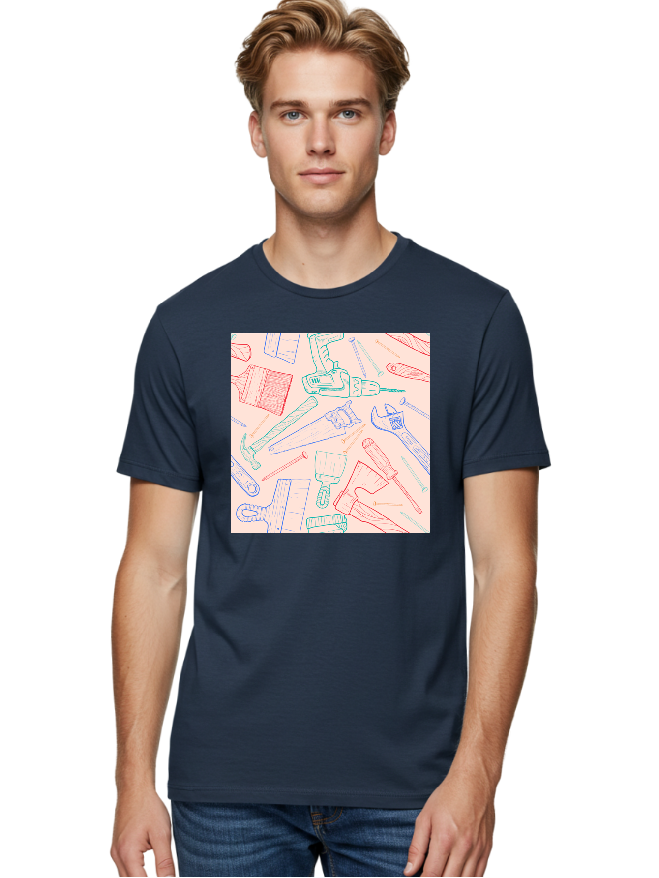 Hand-Tools Men'S Graphic Tee, 100% Cotton, Comfortable Casual Summer Wear, Machine Washable, Hand Tools, Diy Equipment, Construction Tools, Hammer, Screwdrivers, Pliers, Saws, Wrenches, Paintbrushes, Rollers, Hand-Drawn Illustrations, Aac396