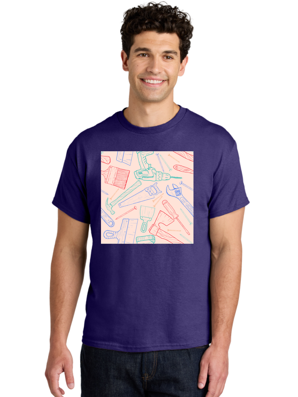 Hand-Tools Men'S Graphic Tee, 100% Cotton, Comfortable Casual Summer Wear, Machine Washable, Hand Tools, Diy Equipment, Construction Tools, Hammer, Screwdrivers, Pliers, Saws, Wrenches, Paintbrushes, Rollers, Hand-Drawn Illustrations, Aac396
