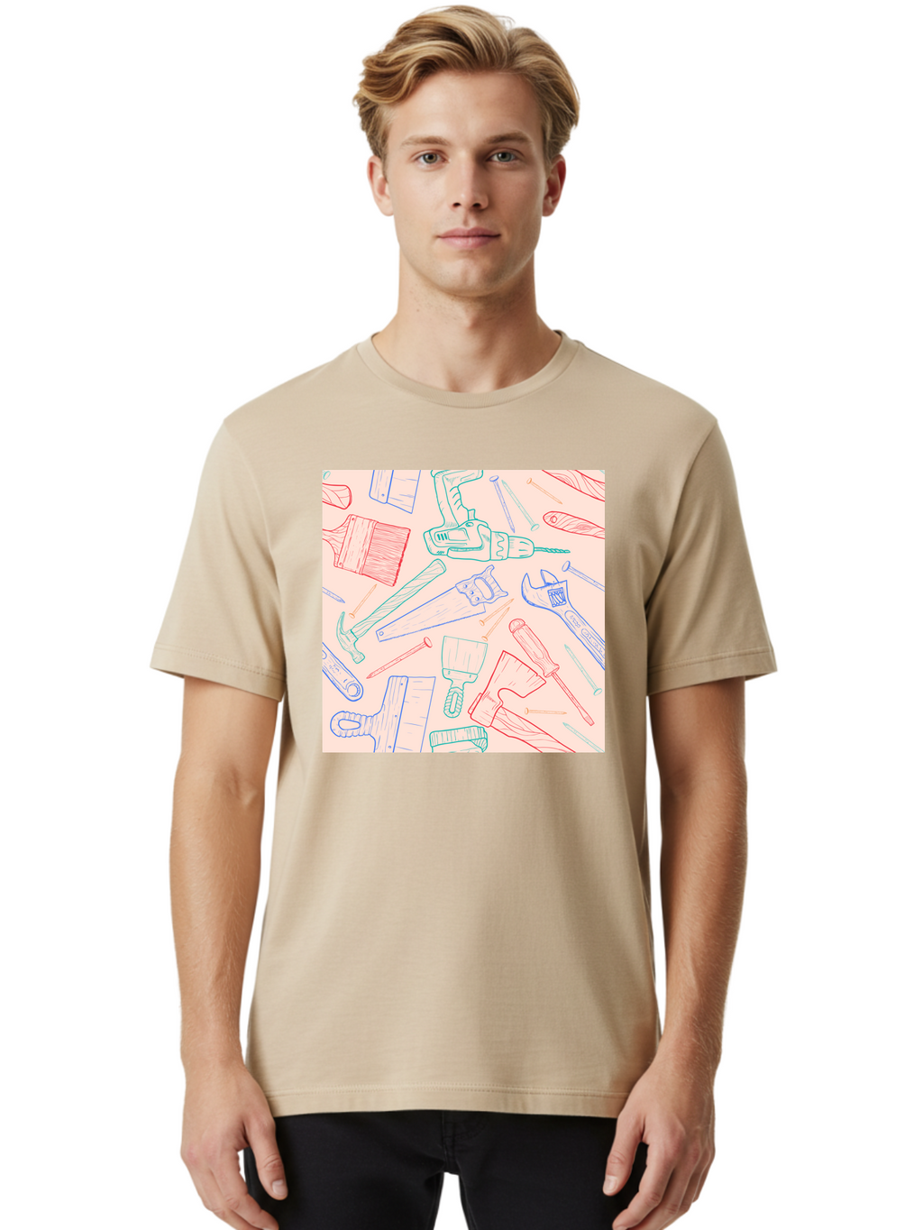 Hand-Tools Men'S Graphic Tee, 100% Cotton, Comfortable Casual Summer Wear, Machine Washable, Hand Tools, Diy Equipment, Construction Tools, Hammer, Screwdrivers, Pliers, Saws, Wrenches, Paintbrushes, Rollers, Hand-Drawn Illustrations, Aac396