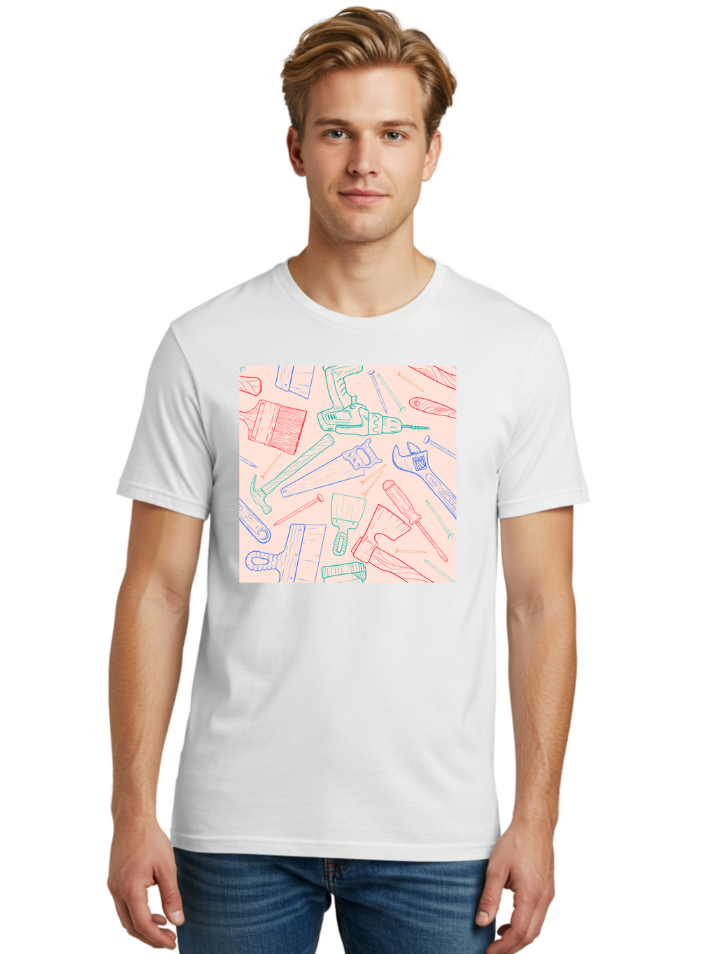 Hand-Tools Men'S Graphic Tee, 100% Cotton, Comfortable Casual Summer Wear, Machine Washable, Hand Tools, Diy Equipment, Construction Tools, Hammer, Screwdrivers, Pliers, Saws, Wrenches, Paintbrushes, Rollers, Hand-Drawn Illustrations, Aac396