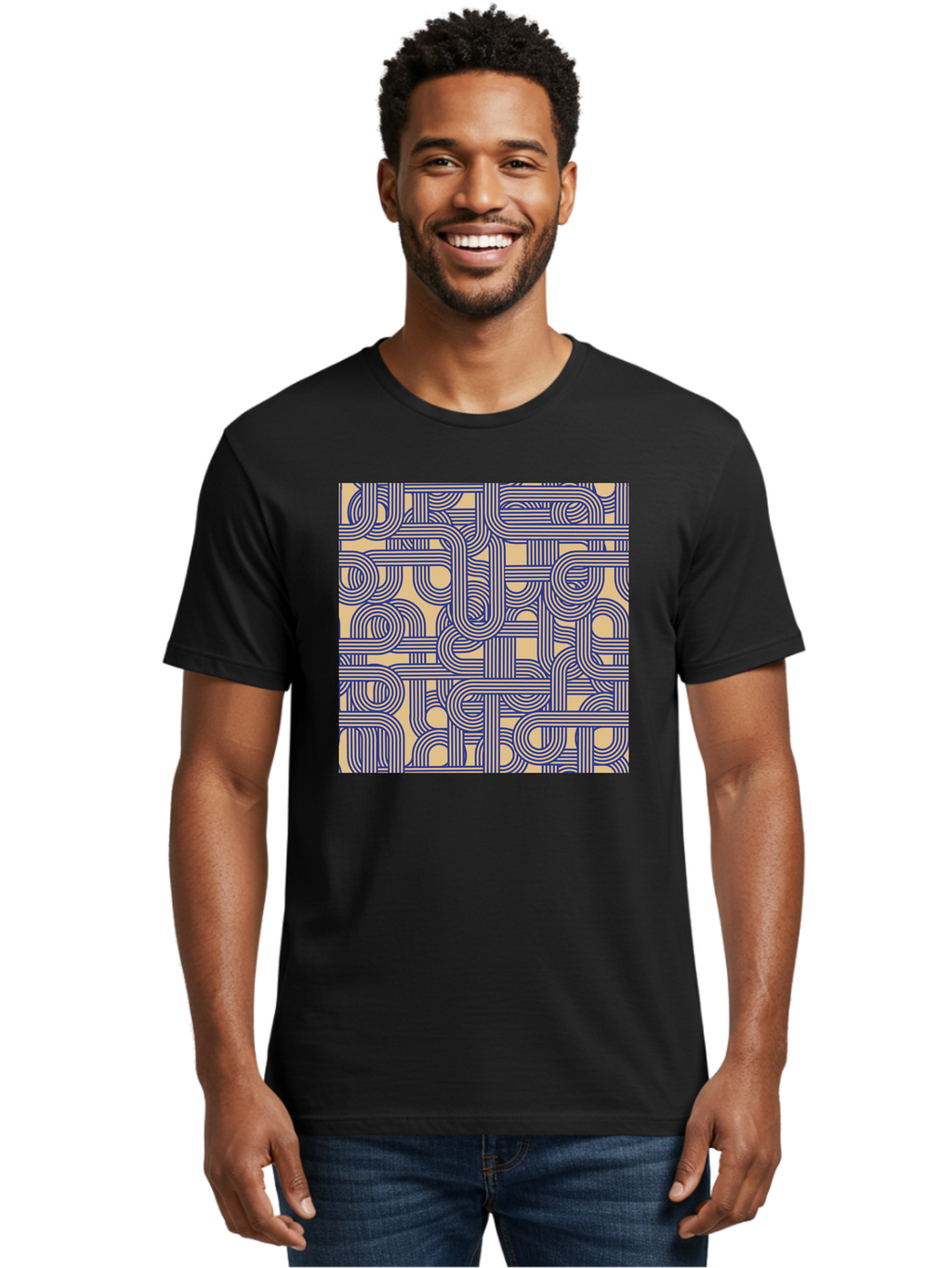 Interconnected-Lines Men'S Graphic Tee, 100% Cotton, Comfortable Casual Summer Wear, Machine Washable, Geometric Pattern, Abstract Design, Intricate Details, Blue And Yellow Colors, Modern Art, Seamless Texture, Repeating Shapes, Aac397