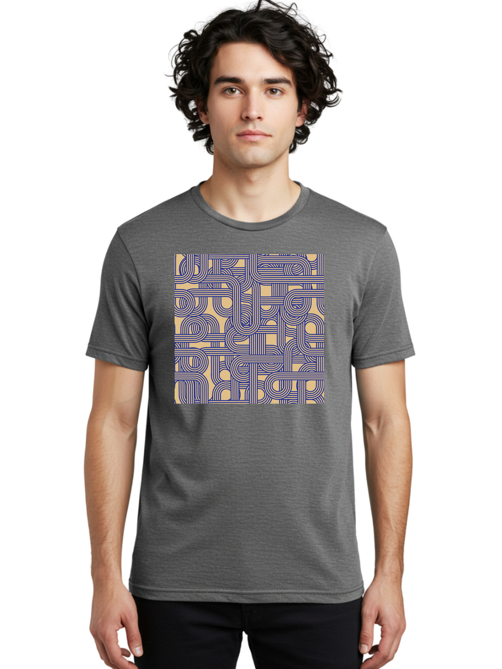 Interconnected-Lines Men'S Graphic Tee, 100% Cotton, Comfortable Casual Summer Wear, Machine Washable, Geometric Pattern, Abstract Design, Intricate Details, Blue And Yellow Colors, Modern Art, Seamless Texture, Repeating Shapes, Aac397