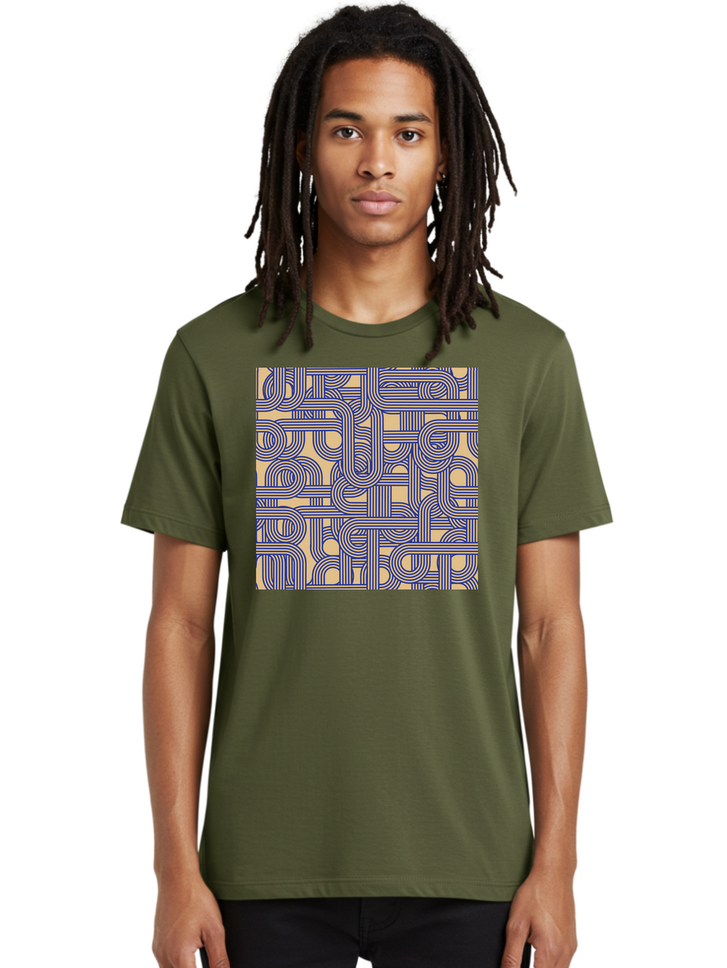 Interconnected-Lines Men'S Graphic Tee, 100% Cotton, Comfortable Casual Summer Wear, Machine Washable, Geometric Pattern, Abstract Design, Intricate Details, Blue And Yellow Colors, Modern Art, Seamless Texture, Repeating Shapes, Aac397