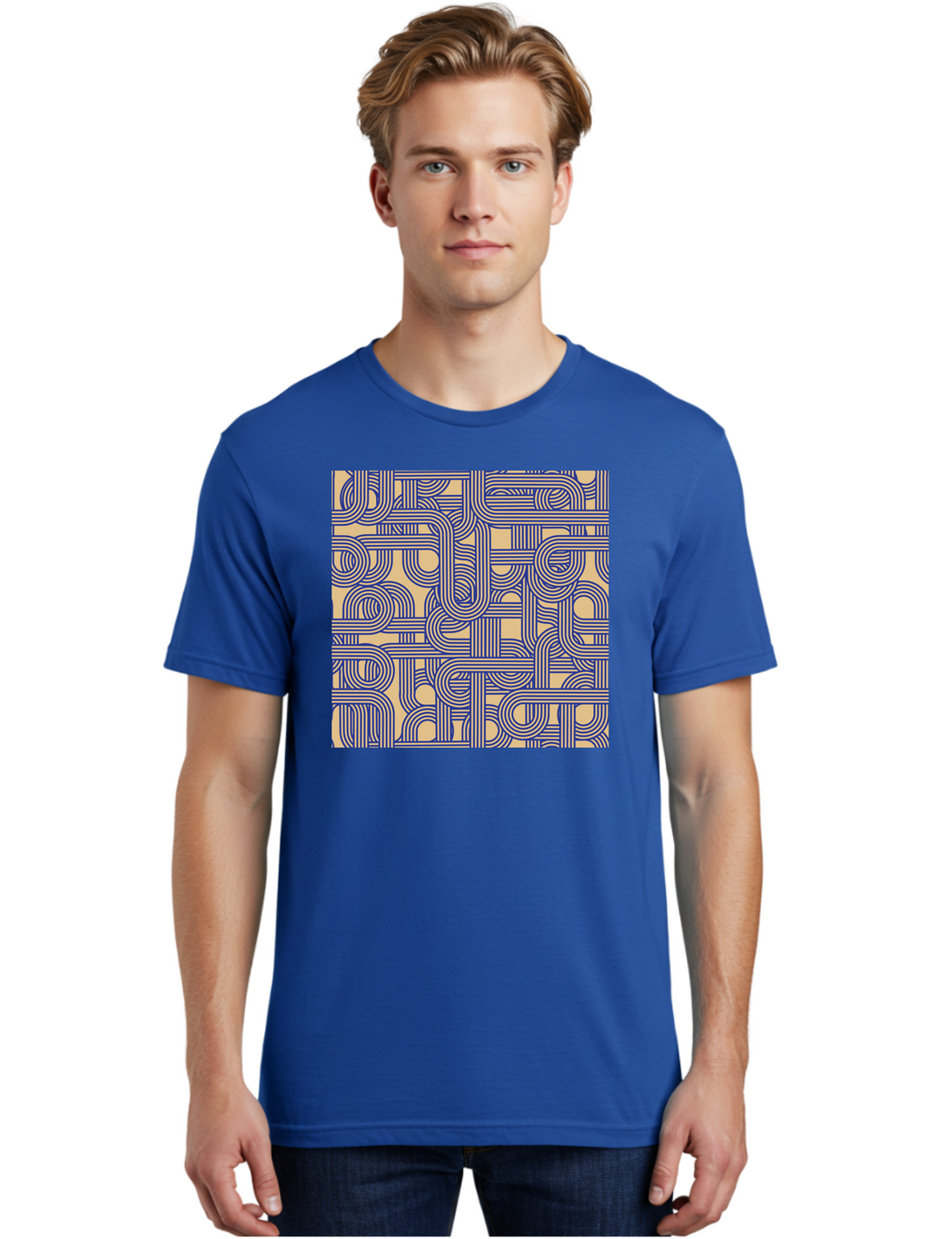 Interconnected-Lines Men'S Graphic Tee, 100% Cotton, Comfortable Casual Summer Wear, Machine Washable, Geometric Pattern, Abstract Design, Intricate Details, Blue And Yellow Colors, Modern Art, Seamless Texture, Repeating Shapes, Aac397