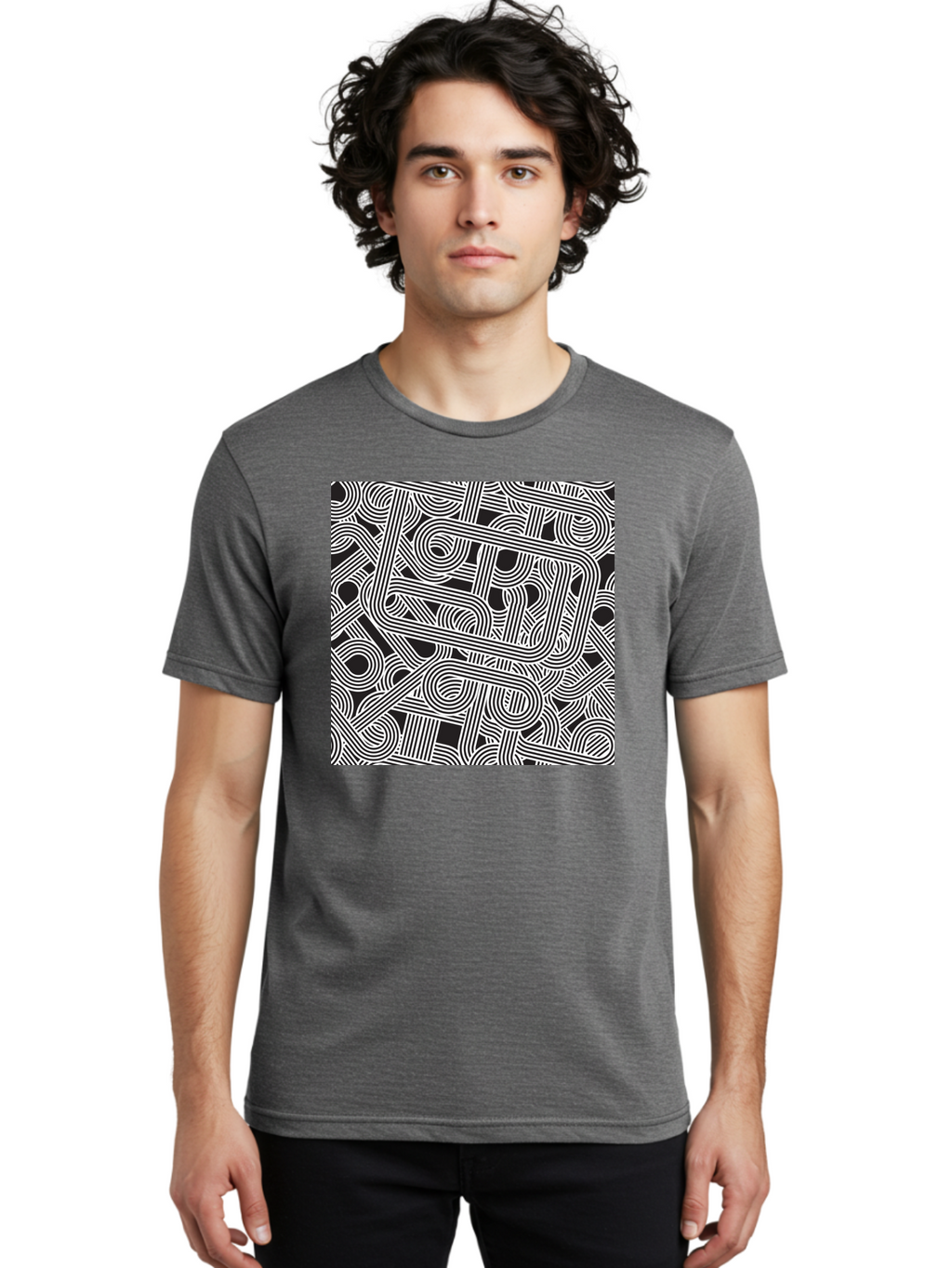 Interconnected-Loops Men'S Graphic Tee, 100% Cotton, Comfortable Casual Summer Wear, Machine Washable, Abstract Pattern, Interconnected Lines, Geometric Shapes, Black And White Design, Modern Art, Optical Illusion, Intricate Details, Aac398
