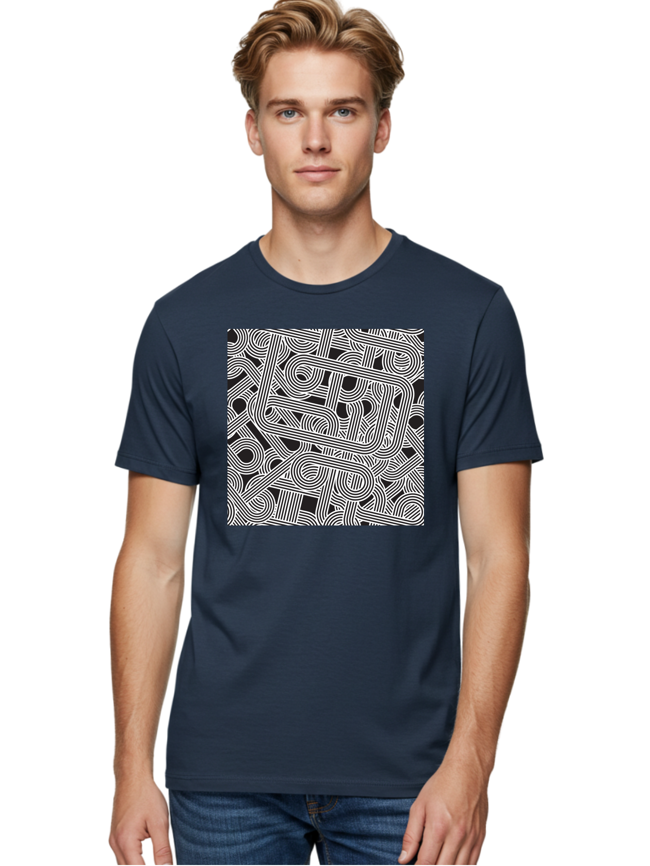 Interconnected-Loops Men'S Graphic Tee, 100% Cotton, Comfortable Casual Summer Wear, Machine Washable, Abstract Pattern, Interconnected Lines, Geometric Shapes, Black And White Design, Modern Art, Optical Illusion, Intricate Details, Aac398