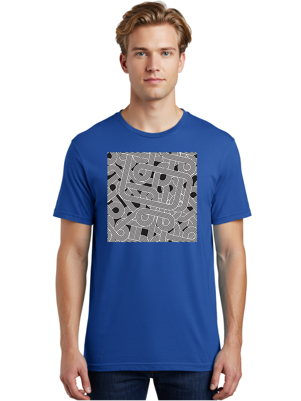 Interconnected-Loops Men'S Graphic Tee, 100% Cotton, Comfortable Casual Summer Wear, Machine Washable, Abstract Pattern, Interconnected Lines, Geometric Shapes, Black And White Design, Modern Art, Optical Illusion, Intricate Details, Aac398