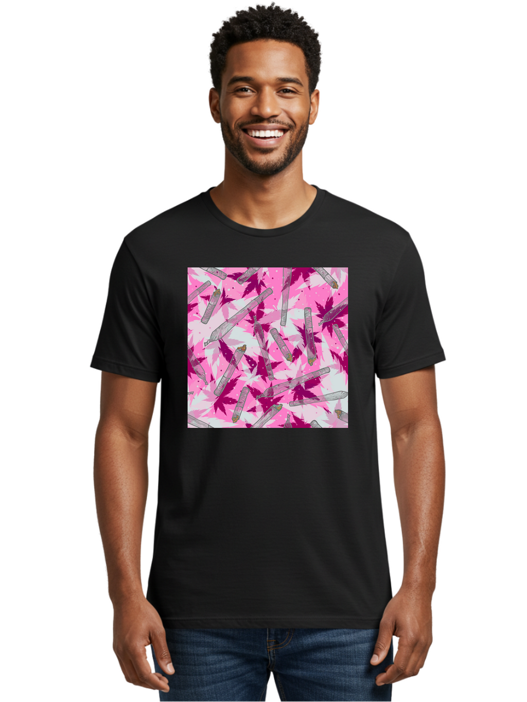Joints-And-Marijuana-Leaves Men'S Graphic Tee, 100% Cotton, Comfortable Casual Summer Wear, Machine Washable, Cannabis Culture, Marijuana Leaves, Joints, Pink And Purple Hues, Cannabis Art, Weed Patterns, Smoking Accessories, Vibrant Colors, Aac399