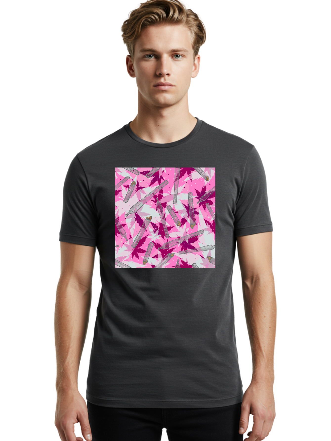 Joints-And-Marijuana-Leaves Men'S Graphic Tee, 100% Cotton, Comfortable Casual Summer Wear, Machine Washable, Cannabis Culture, Marijuana Leaves, Joints, Pink And Purple Hues, Cannabis Art, Weed Patterns, Smoking Accessories, Vibrant Colors, Aac399