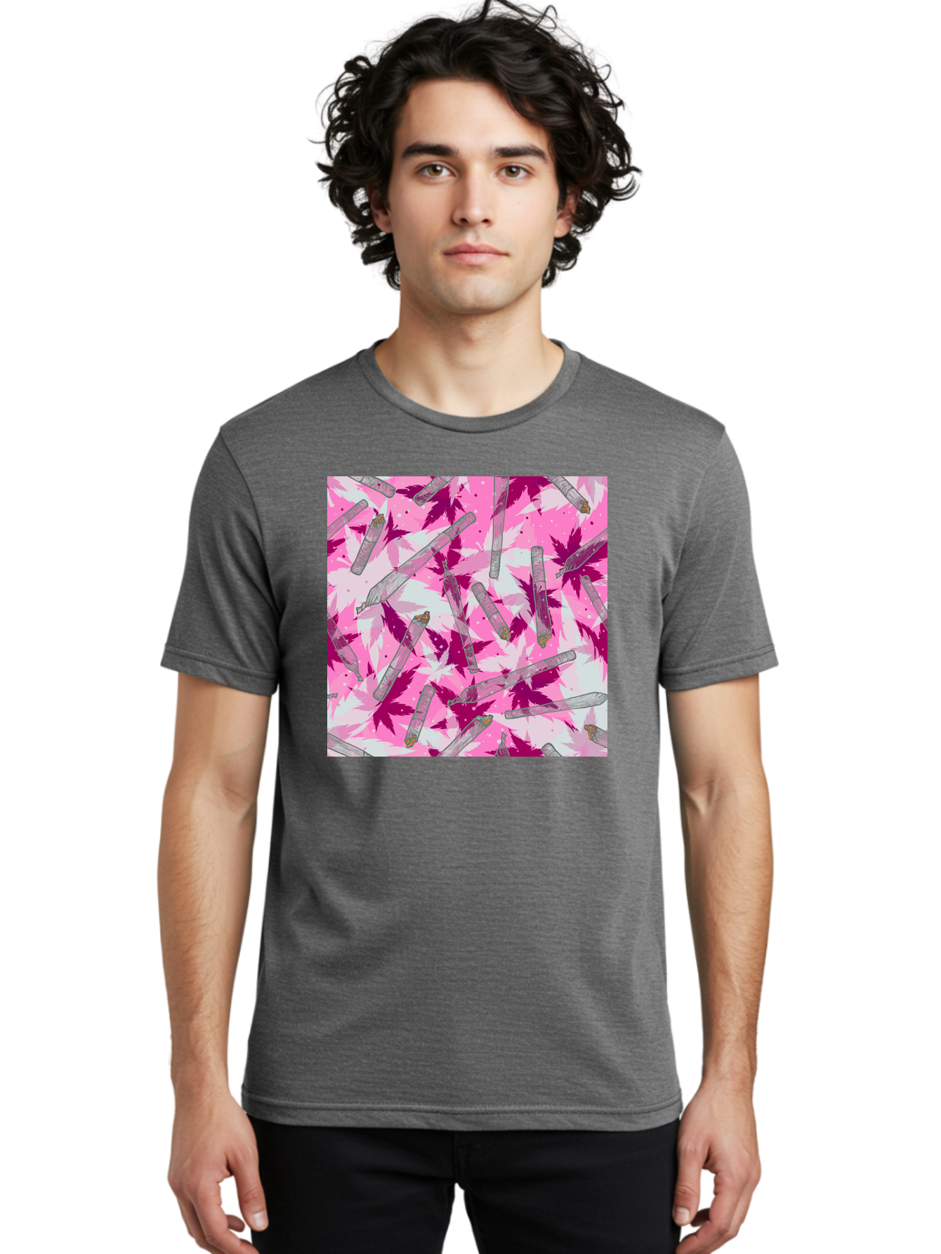 Joints-And-Marijuana-Leaves Men'S Graphic Tee, 100% Cotton, Comfortable Casual Summer Wear, Machine Washable, Cannabis Culture, Marijuana Leaves, Joints, Pink And Purple Hues, Cannabis Art, Weed Patterns, Smoking Accessories, Vibrant Colors, Aac399