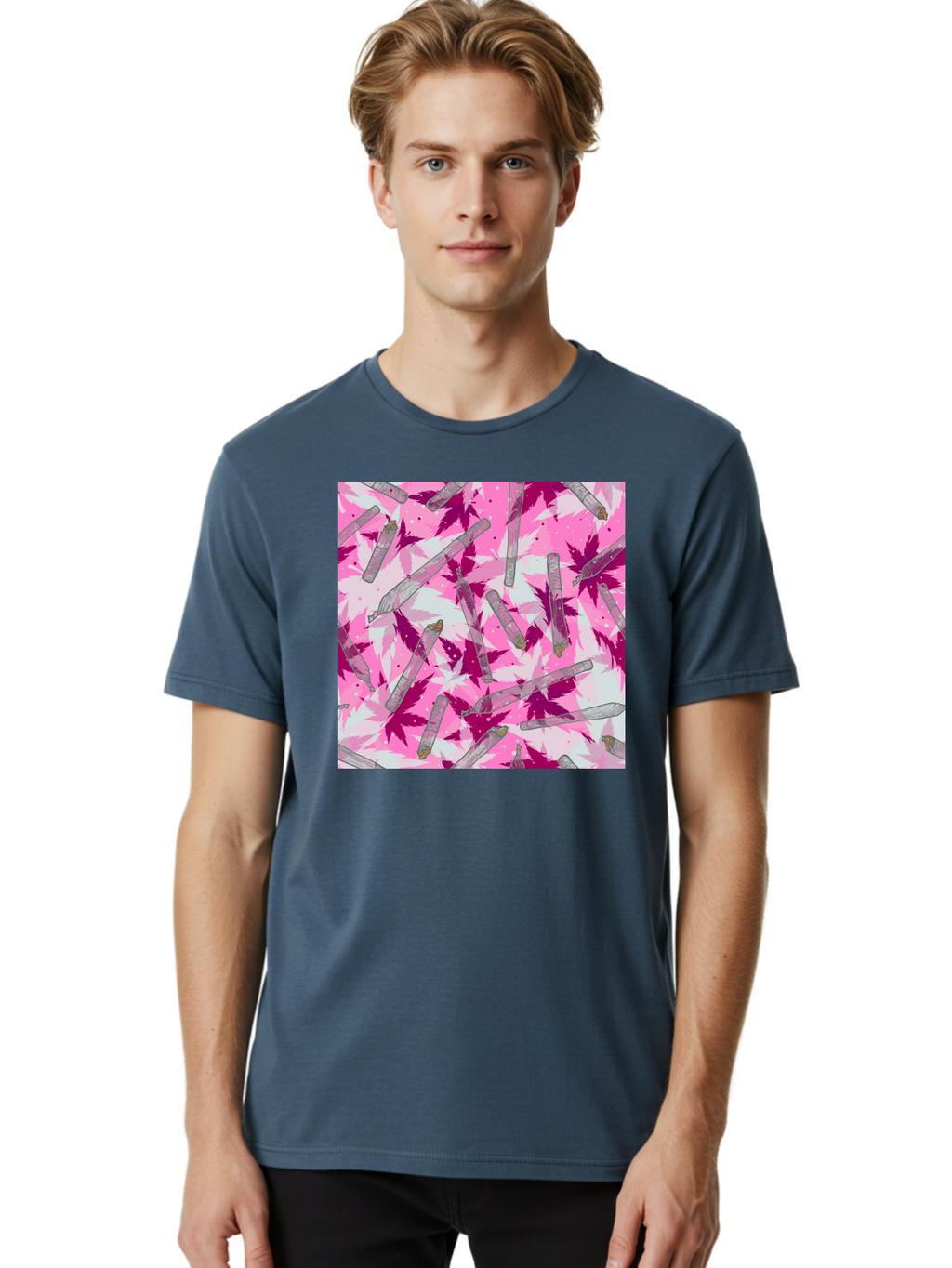 Joints-And-Marijuana-Leaves Men'S Graphic Tee, 100% Cotton, Comfortable Casual Summer Wear, Machine Washable, Cannabis Culture, Marijuana Leaves, Joints, Pink And Purple Hues, Cannabis Art, Weed Patterns, Smoking Accessories, Vibrant Colors, Aac399