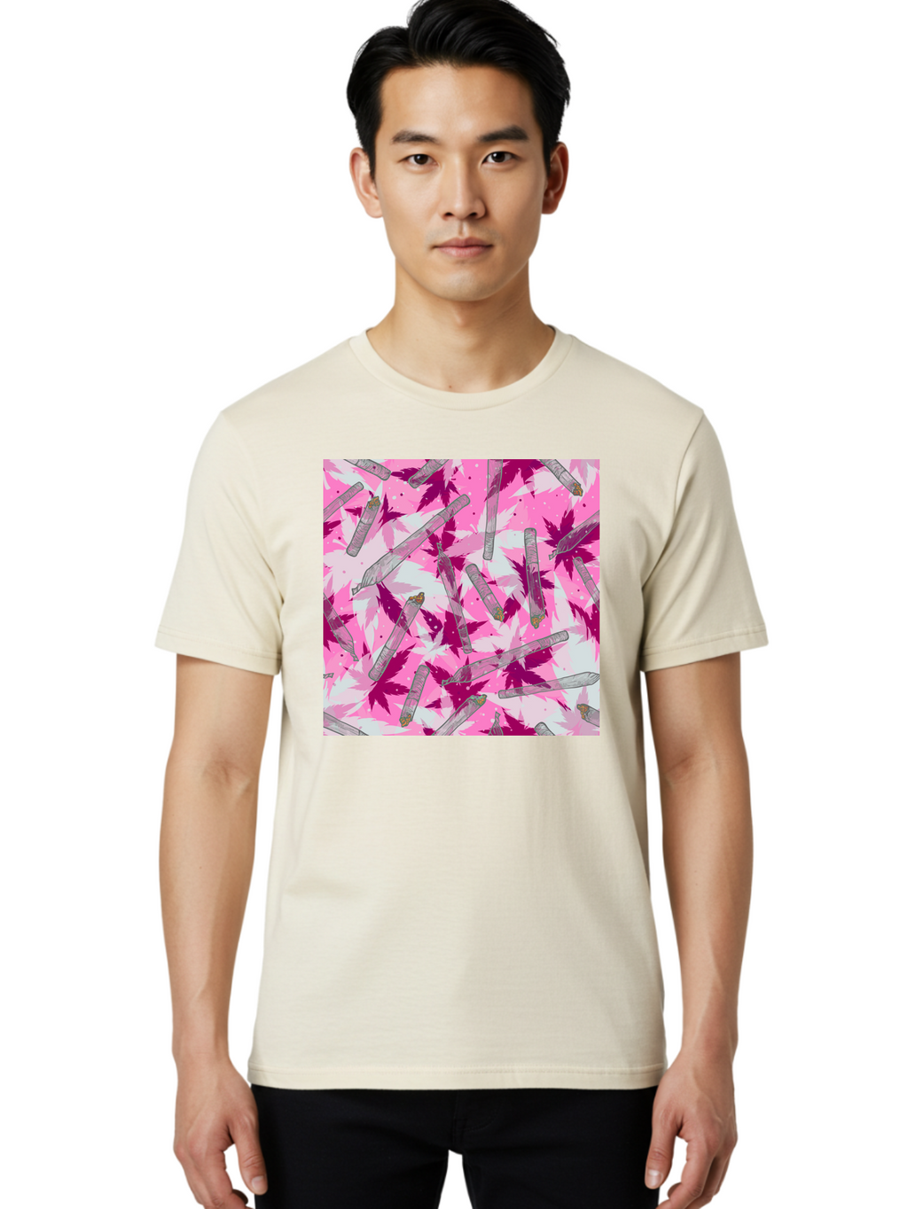 Joints-And-Marijuana-Leaves Men'S Graphic Tee, 100% Cotton, Comfortable Casual Summer Wear, Machine Washable, Cannabis Culture, Marijuana Leaves, Joints, Pink And Purple Hues, Cannabis Art, Weed Patterns, Smoking Accessories, Vibrant Colors, Aac399