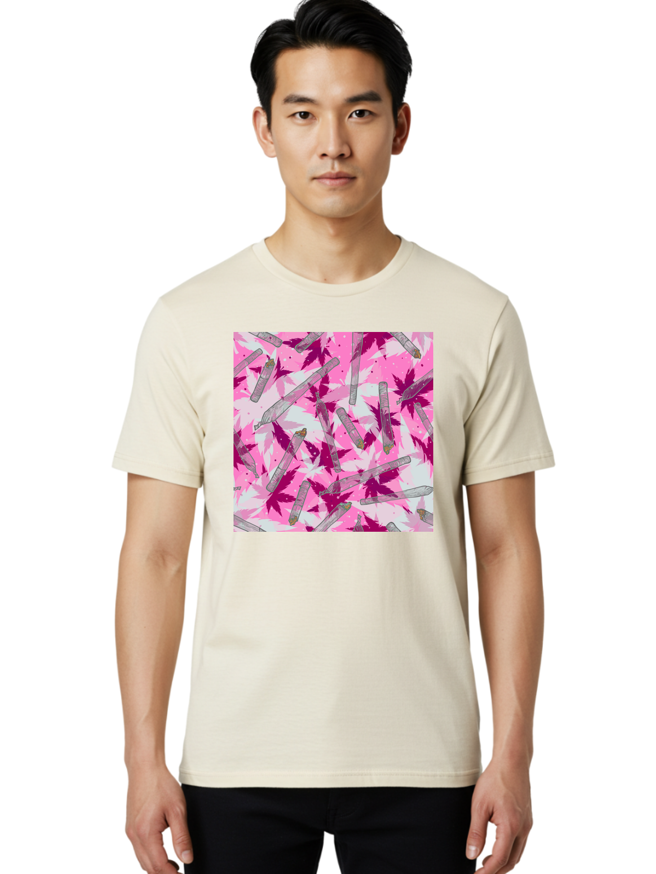 Joints-And-Marijuana-Leaves Men'S Graphic Tee, 100% Cotton, Comfortable Casual Summer Wear, Machine Washable, Cannabis Culture, Marijuana Leaves, Joints, Pink And Purple Hues, Cannabis Art, Weed Patterns, Smoking Accessories, Vibrant Colors, Aac399