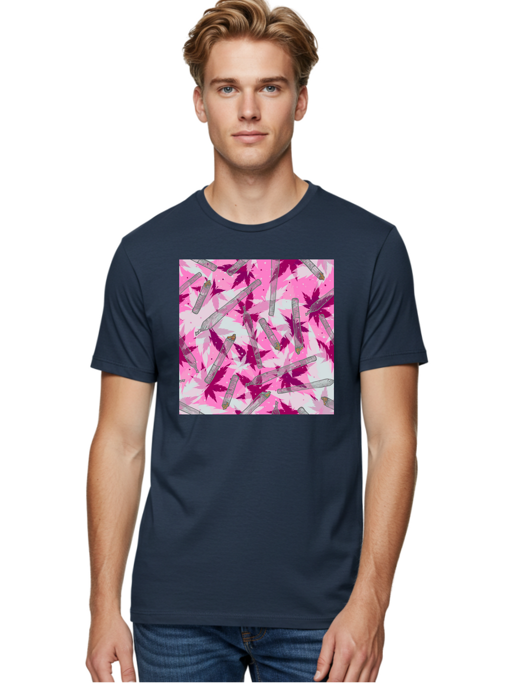 Joints-And-Marijuana-Leaves Men'S Graphic Tee, 100% Cotton, Comfortable Casual Summer Wear, Machine Washable, Cannabis Culture, Marijuana Leaves, Joints, Pink And Purple Hues, Cannabis Art, Weed Patterns, Smoking Accessories, Vibrant Colors, Aac399