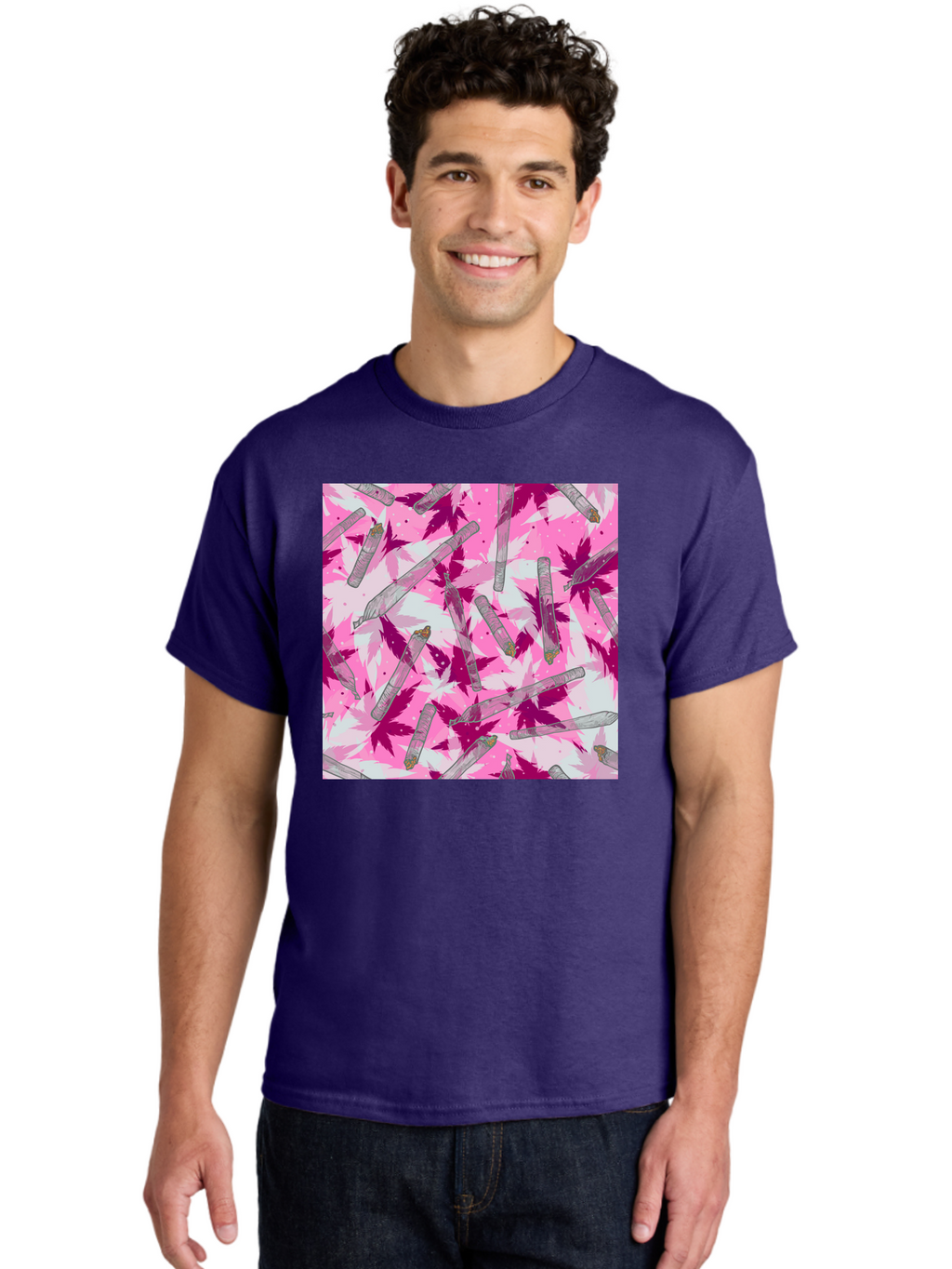 Joints-And-Marijuana-Leaves Men'S Graphic Tee, 100% Cotton, Comfortable Casual Summer Wear, Machine Washable, Cannabis Culture, Marijuana Leaves, Joints, Pink And Purple Hues, Cannabis Art, Weed Patterns, Smoking Accessories, Vibrant Colors, Aac399