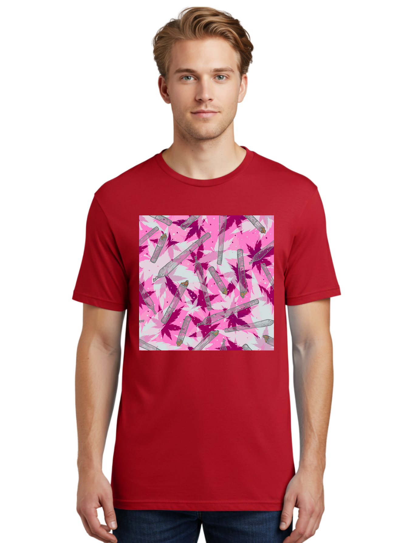Joints-And-Marijuana-Leaves Men'S Graphic Tee, 100% Cotton, Comfortable Casual Summer Wear, Machine Washable, Cannabis Culture, Marijuana Leaves, Joints, Pink And Purple Hues, Cannabis Art, Weed Patterns, Smoking Accessories, Vibrant Colors, Aac399