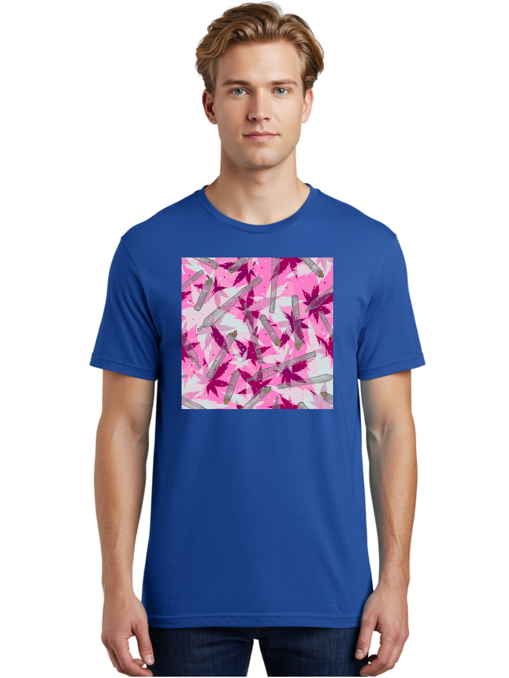 Joints-And-Marijuana-Leaves Men'S Graphic Tee, 100% Cotton, Comfortable Casual Summer Wear, Machine Washable, Cannabis Culture, Marijuana Leaves, Joints, Pink And Purple Hues, Cannabis Art, Weed Patterns, Smoking Accessories, Vibrant Colors, Aac399