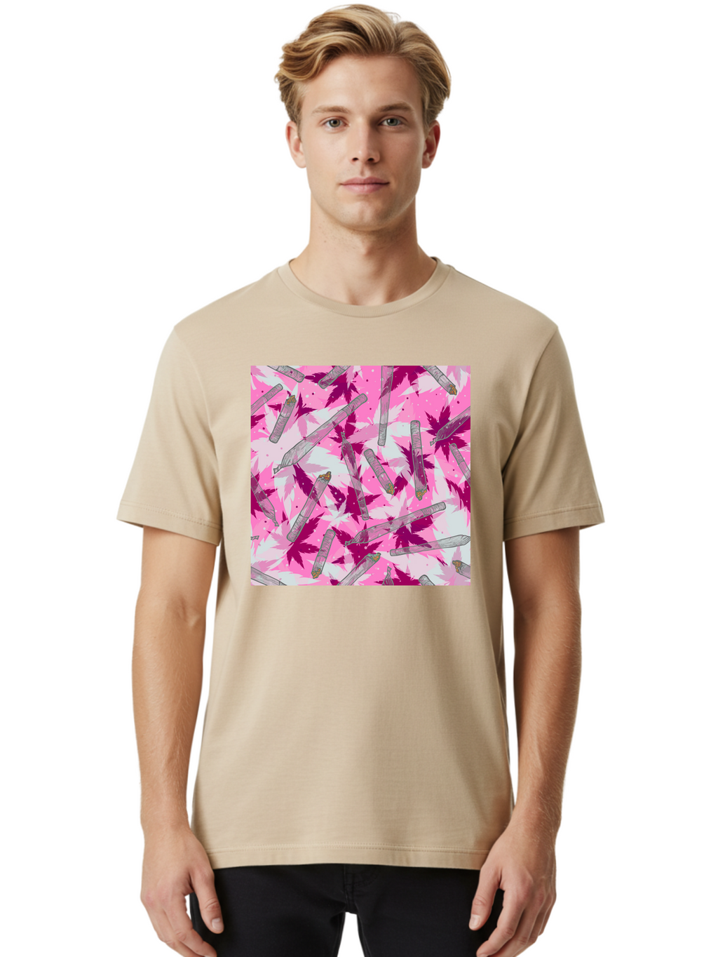 Joints-And-Marijuana-Leaves Men'S Graphic Tee, 100% Cotton, Comfortable Casual Summer Wear, Machine Washable, Cannabis Culture, Marijuana Leaves, Joints, Pink And Purple Hues, Cannabis Art, Weed Patterns, Smoking Accessories, Vibrant Colors, Aac399