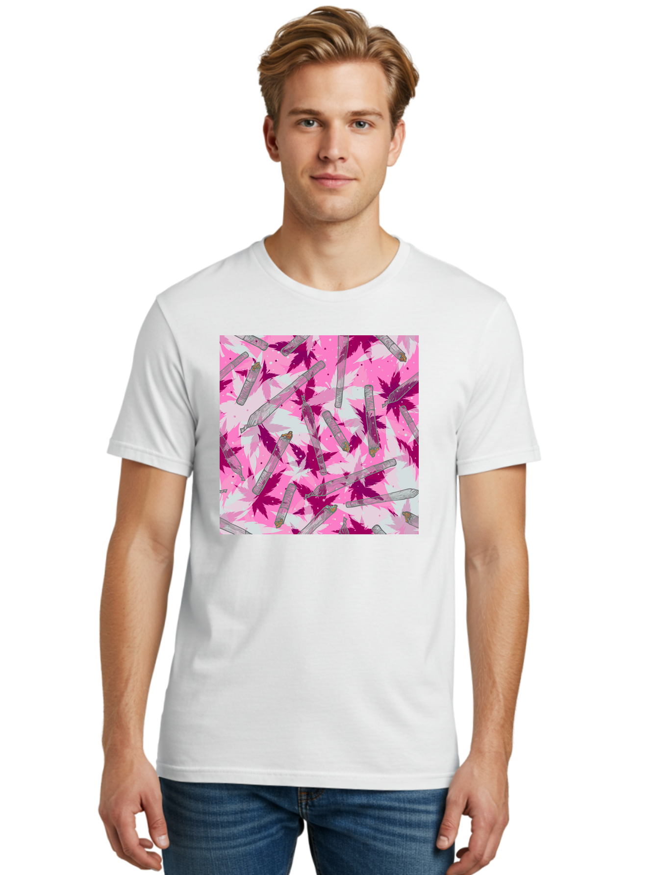 Joints-And-Marijuana-Leaves Men'S Graphic Tee, 100% Cotton, Comfortable Casual Summer Wear, Machine Washable, Cannabis Culture, Marijuana Leaves, Joints, Pink And Purple Hues, Cannabis Art, Weed Patterns, Smoking Accessories, Vibrant Colors, Aac399