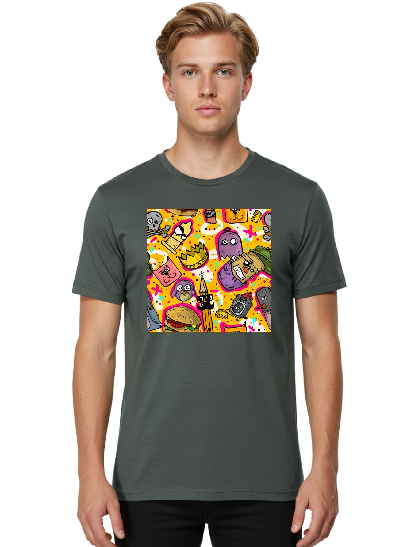 Kawaii-Characters Men'S Graphic Tee, 100% Cotton, Comfortable Casual Summer Wear, Machine Washable, Quirky Cartoon Characters, Whimsical Pattern, Playful Doodles, Cartoon Crowns, Doodle Art, Cartoon Ghosts, Funny Characters, Hamburger, Tower, Aac400