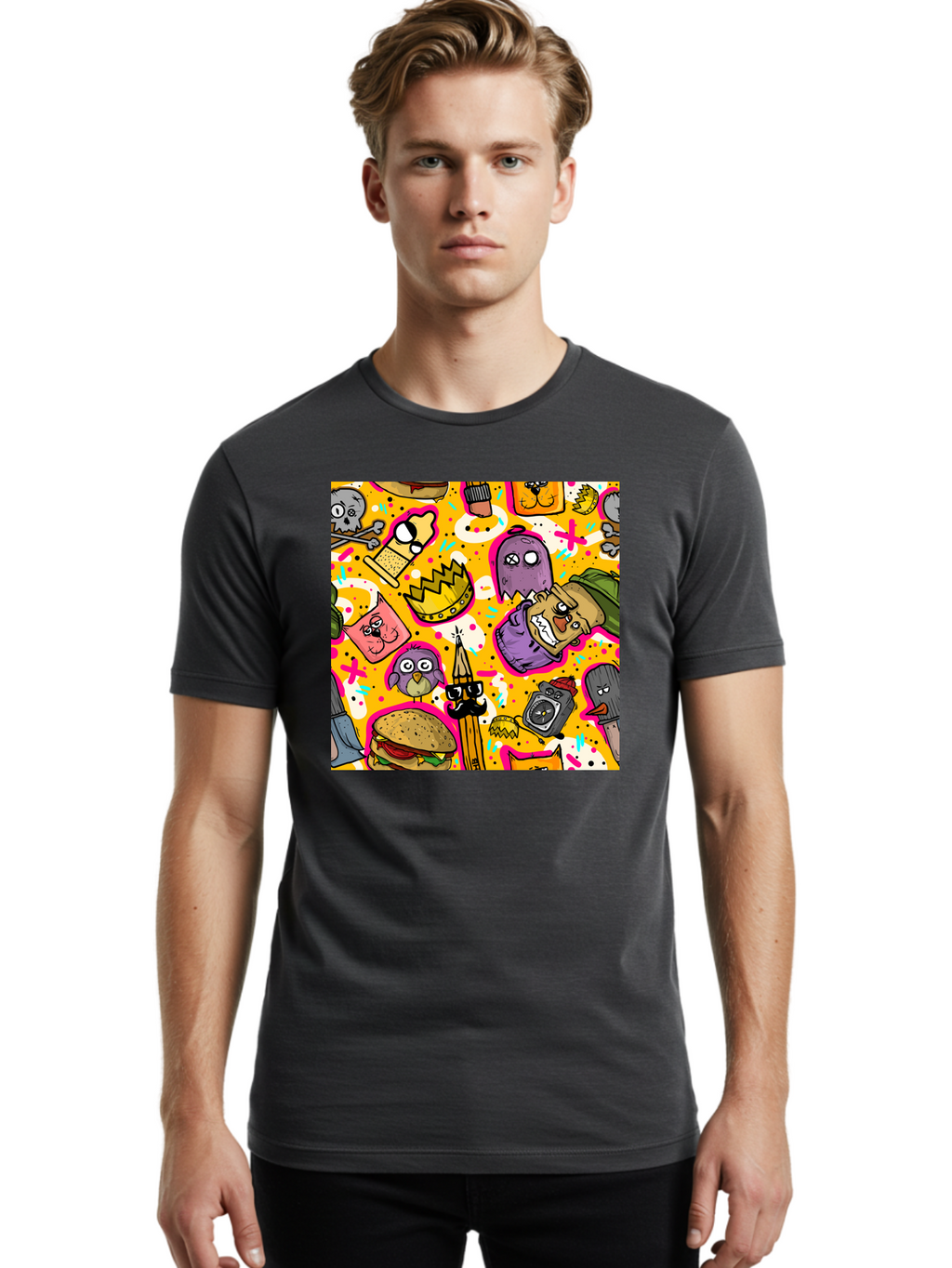 Kawaii-Characters Men'S Graphic Tee, 100% Cotton, Comfortable Casual Summer Wear, Machine Washable, Quirky Cartoon Characters, Whimsical Pattern, Playful Doodles, Cartoon Crowns, Doodle Art, Cartoon Ghosts, Funny Characters, Hamburger, Tower, Aac400