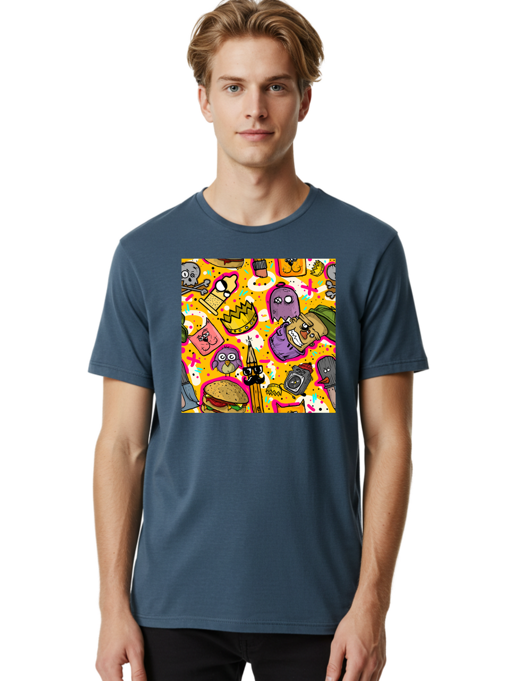Kawaii-Characters Men'S Graphic Tee, 100% Cotton, Comfortable Casual Summer Wear, Machine Washable, Quirky Cartoon Characters, Whimsical Pattern, Playful Doodles, Cartoon Crowns, Doodle Art, Cartoon Ghosts, Funny Characters, Hamburger, Tower, Aac400