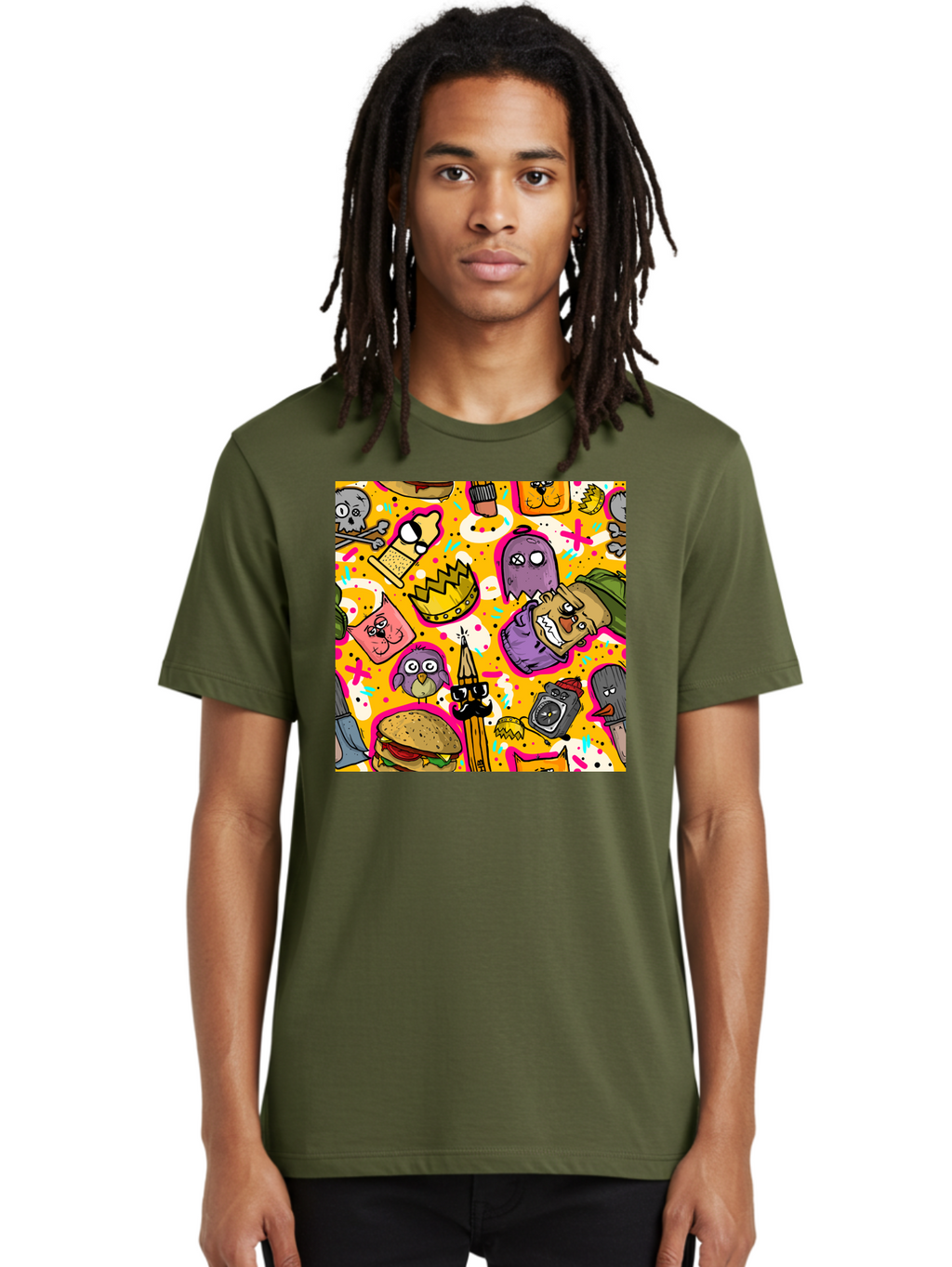 Kawaii-Characters Men'S Graphic Tee, 100% Cotton, Comfortable Casual Summer Wear, Machine Washable, Quirky Cartoon Characters, Whimsical Pattern, Playful Doodles, Cartoon Crowns, Doodle Art, Cartoon Ghosts, Funny Characters, Hamburger, Tower, Aac400