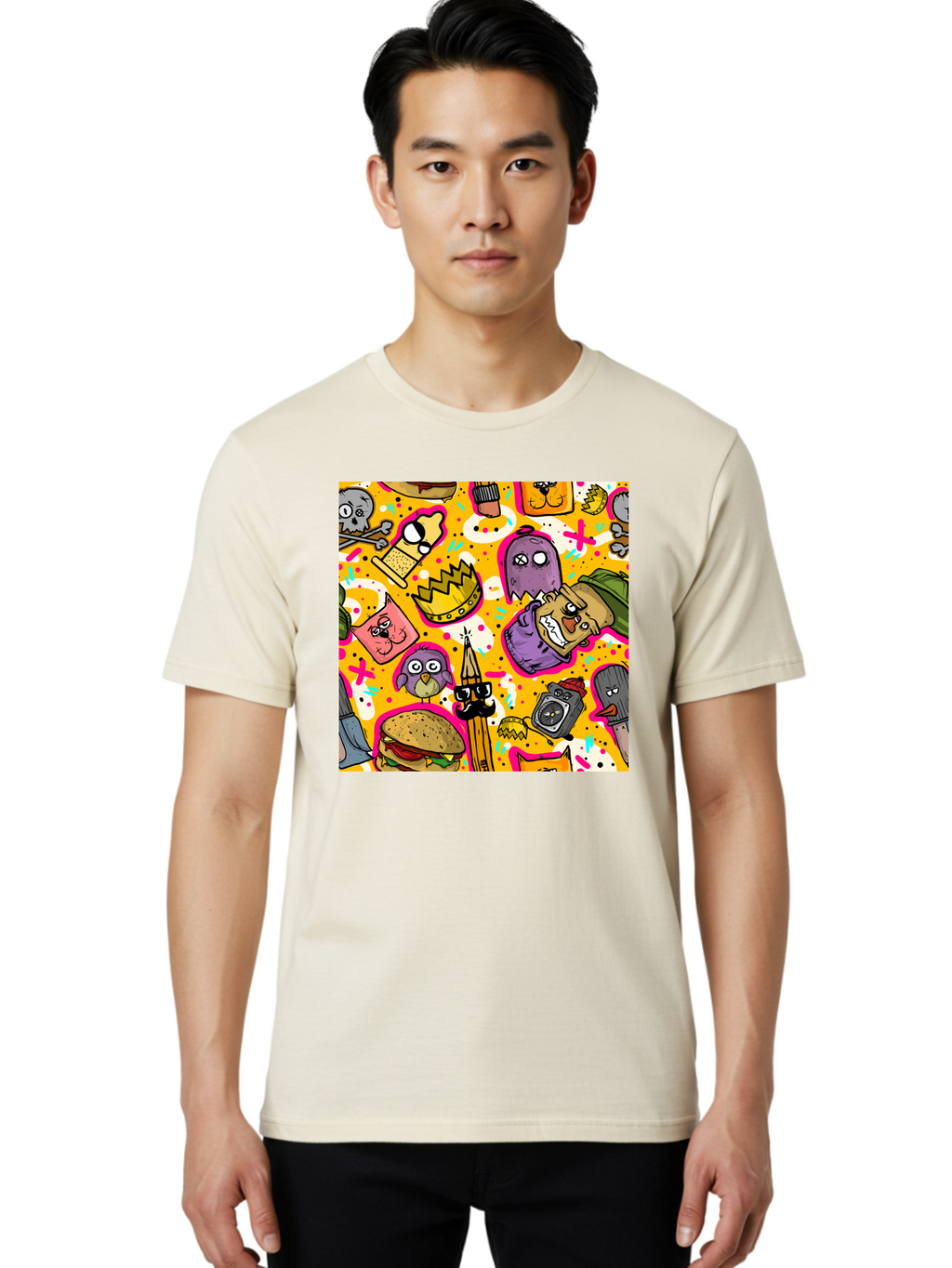 Kawaii-Characters Men'S Graphic Tee, 100% Cotton, Comfortable Casual Summer Wear, Machine Washable, Quirky Cartoon Characters, Whimsical Pattern, Playful Doodles, Cartoon Crowns, Doodle Art, Cartoon Ghosts, Funny Characters, Hamburger, Tower, Aac400
