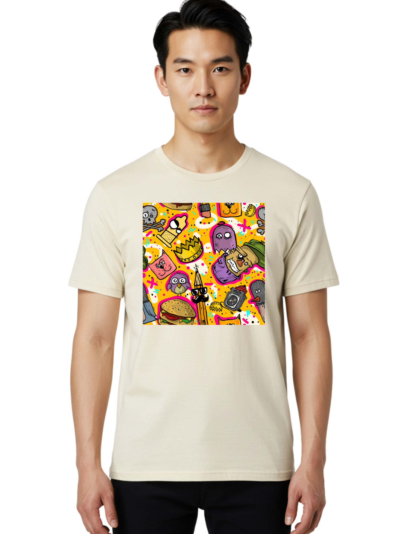 Kawaii-Characters Men'S Graphic Tee, 100% Cotton, Comfortable Casual Summer Wear, Machine Washable, Quirky Cartoon Characters, Whimsical Pattern, Playful Doodles, Cartoon Crowns, Doodle Art, Cartoon Ghosts, Funny Characters, Hamburger, Tower, Aac400