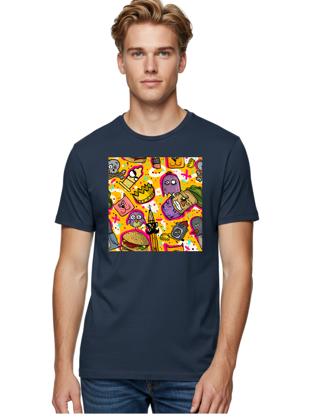 Kawaii-Characters Men'S Graphic Tee, 100% Cotton, Comfortable Casual Summer Wear, Machine Washable, Quirky Cartoon Characters, Whimsical Pattern, Playful Doodles, Cartoon Crowns, Doodle Art, Cartoon Ghosts, Funny Characters, Hamburger, Tower, Aac400