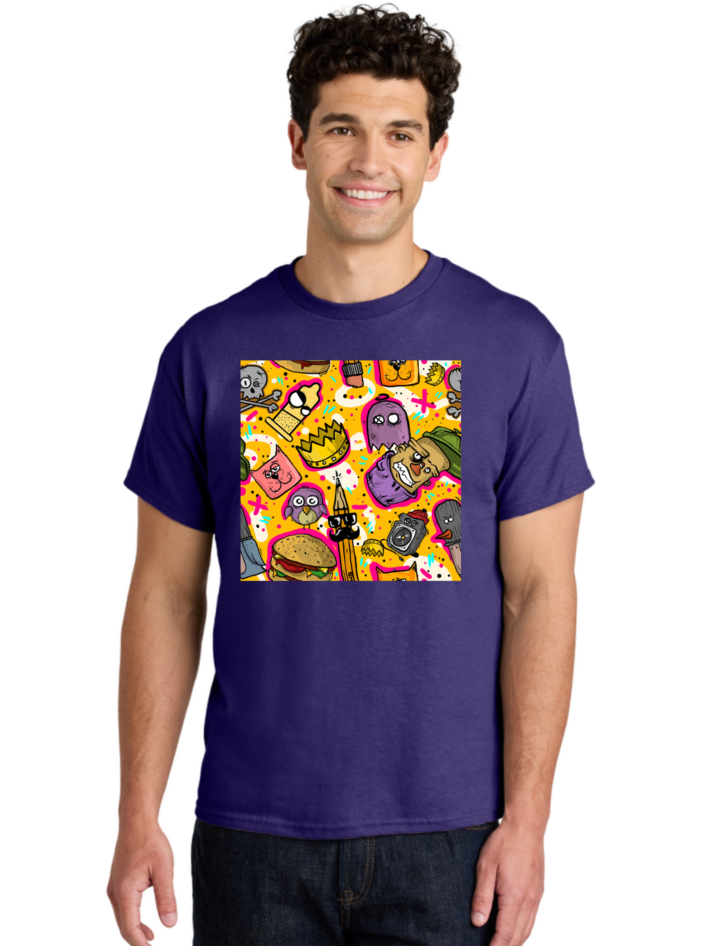 Kawaii-Characters Men'S Graphic Tee, 100% Cotton, Comfortable Casual Summer Wear, Machine Washable, Quirky Cartoon Characters, Whimsical Pattern, Playful Doodles, Cartoon Crowns, Doodle Art, Cartoon Ghosts, Funny Characters, Hamburger, Tower, Aac400
