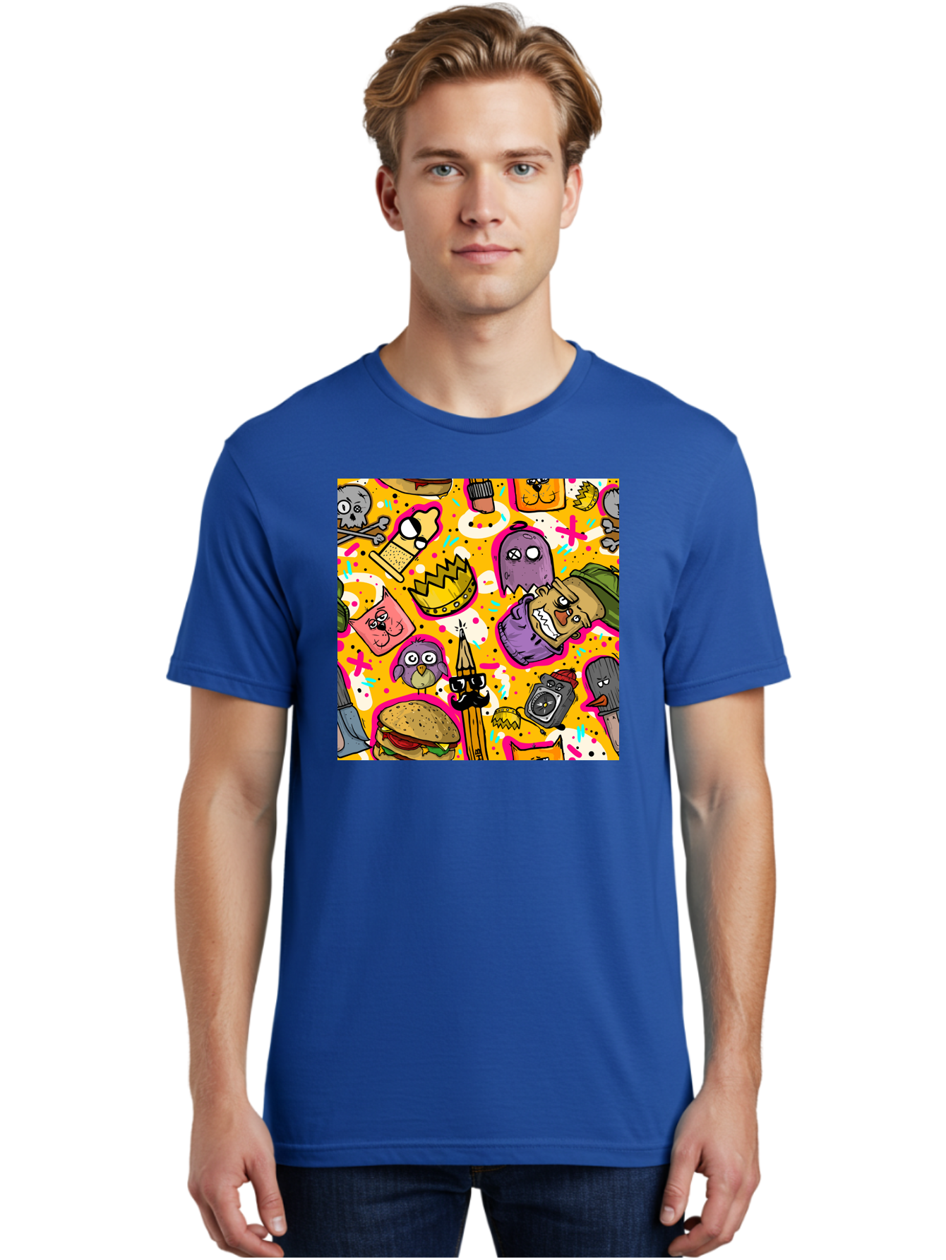 Kawaii-Characters Men'S Graphic Tee, 100% Cotton, Comfortable Casual Summer Wear, Machine Washable, Quirky Cartoon Characters, Whimsical Pattern, Playful Doodles, Cartoon Crowns, Doodle Art, Cartoon Ghosts, Funny Characters, Hamburger, Tower, Aac400
