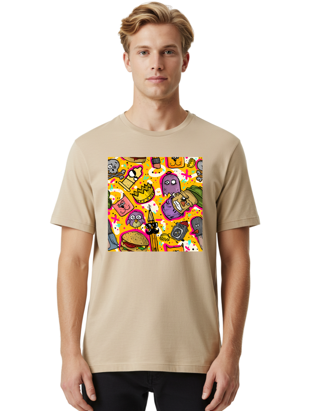 Kawaii-Characters Men'S Graphic Tee, 100% Cotton, Comfortable Casual Summer Wear, Machine Washable, Quirky Cartoon Characters, Whimsical Pattern, Playful Doodles, Cartoon Crowns, Doodle Art, Cartoon Ghosts, Funny Characters, Hamburger, Tower, Aac400