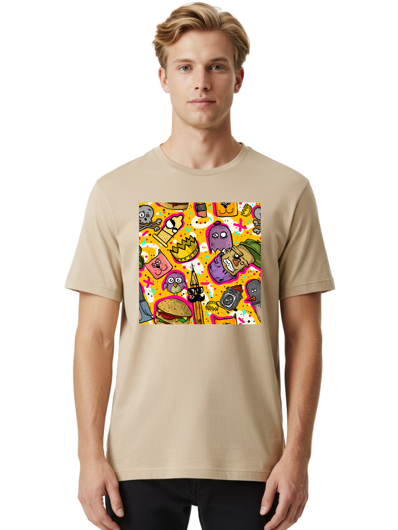 Kawaii-Characters Men'S Graphic Tee, 100% Cotton, Comfortable Casual Summer Wear, Machine Washable, Quirky Cartoon Characters, Whimsical Pattern, Playful Doodles, Cartoon Crowns, Doodle Art, Cartoon Ghosts, Funny Characters, Hamburger, Tower, Aac400
