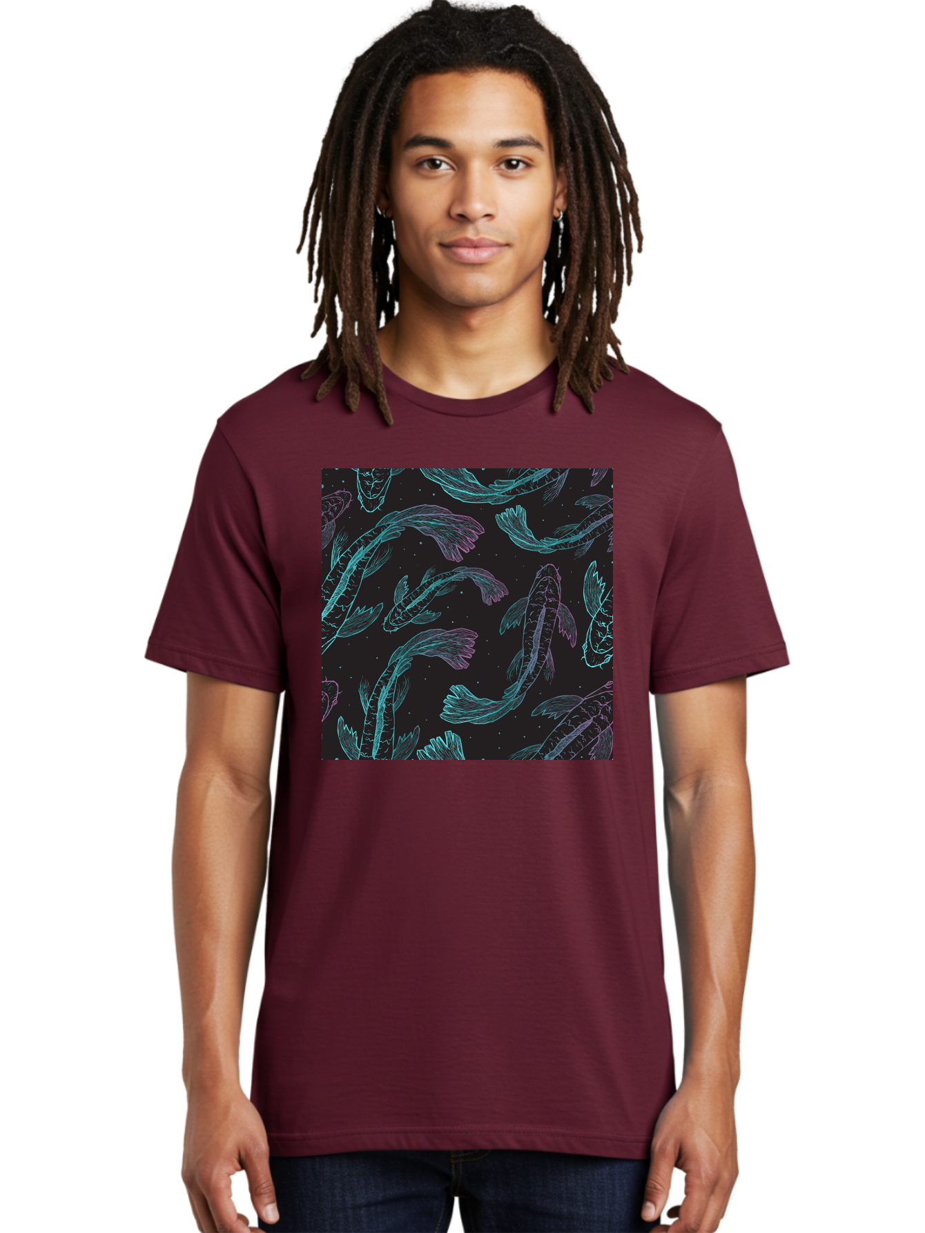 Koi-Fish-Pattern Men'S Graphic Tee, 100% Cotton, Comfortable Casual Summer Wear, Machine Washable, Koi Fish Pattern, Neon Koi, Fish Illustration, Aquatic Design, Vibrant Colors, Whimsical Artwork, Abstract Fish, Digital Art, Koi Fish Art, Aac401