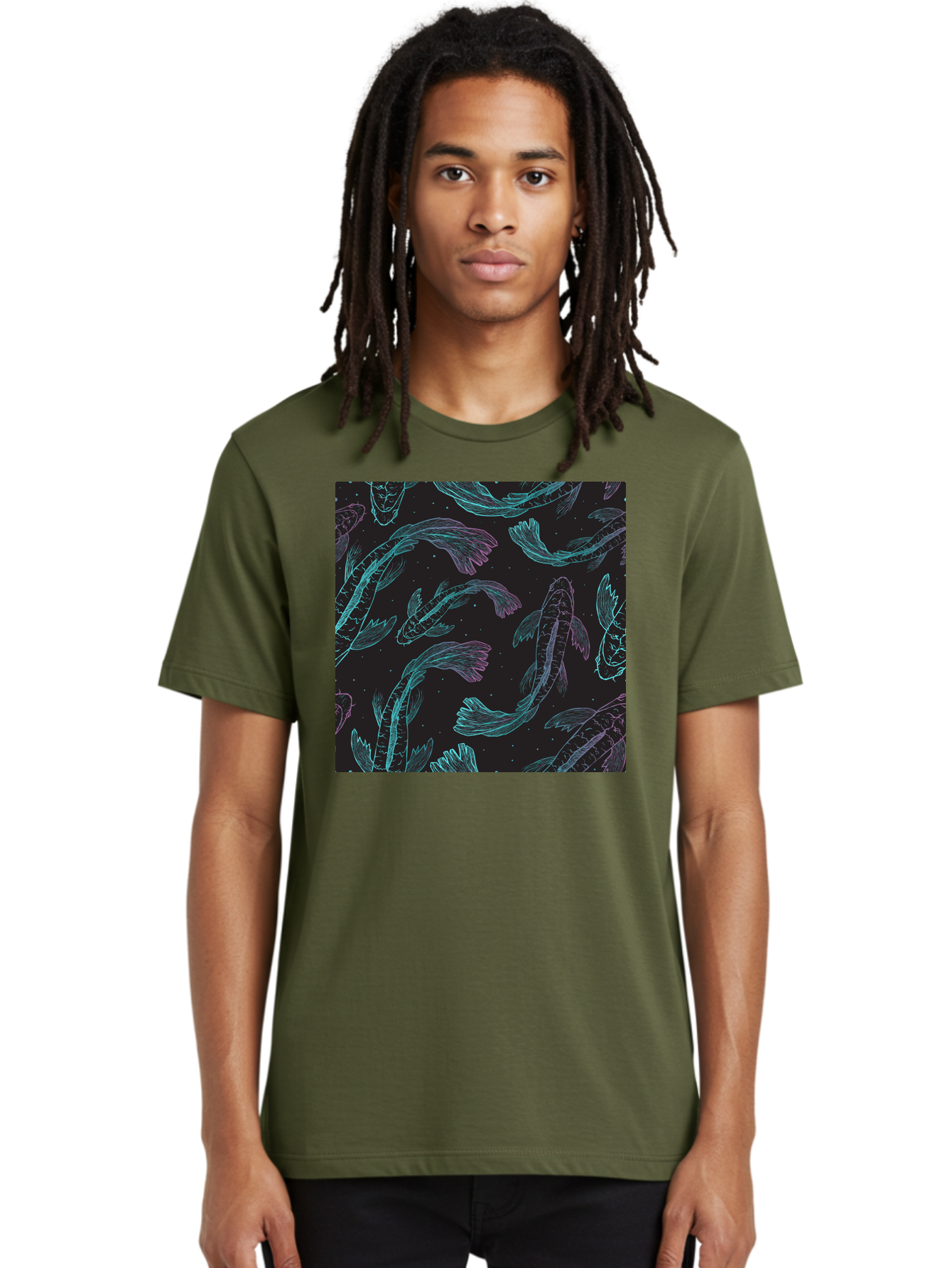 Koi-Fish-Pattern Men'S Graphic Tee, 100% Cotton, Comfortable Casual Summer Wear, Machine Washable, Koi Fish Pattern, Neon Koi, Fish Illustration, Aquatic Design, Vibrant Colors, Whimsical Artwork, Abstract Fish, Digital Art, Koi Fish Art, Aac401