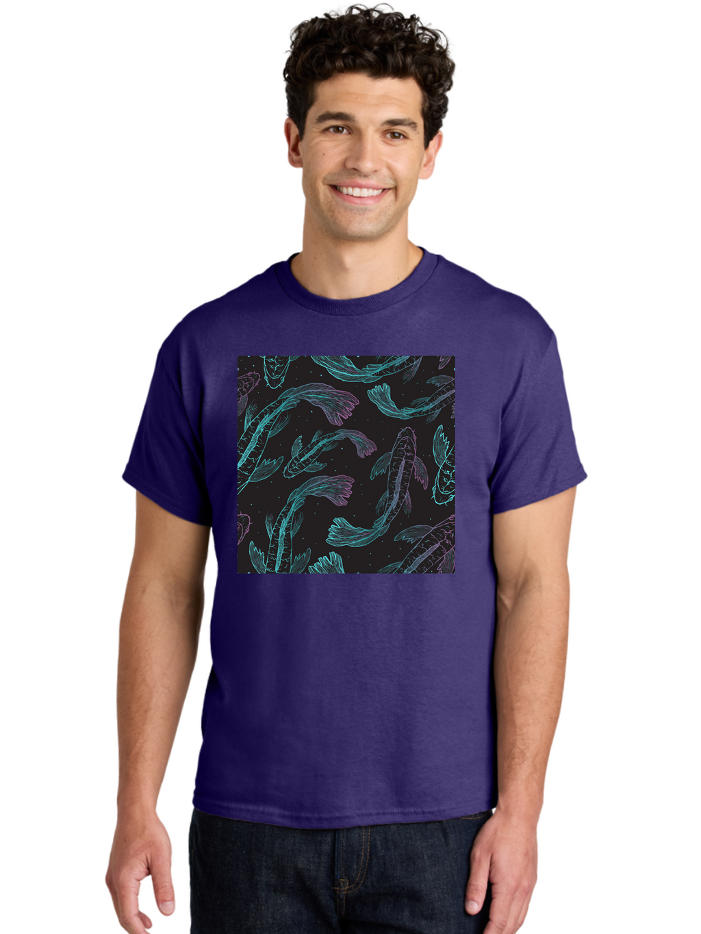 Koi-Fish-Pattern Men'S Graphic Tee, 100% Cotton, Comfortable Casual Summer Wear, Machine Washable, Koi Fish Pattern, Neon Koi, Fish Illustration, Aquatic Design, Vibrant Colors, Whimsical Artwork, Abstract Fish, Digital Art, Koi Fish Art, Aac401