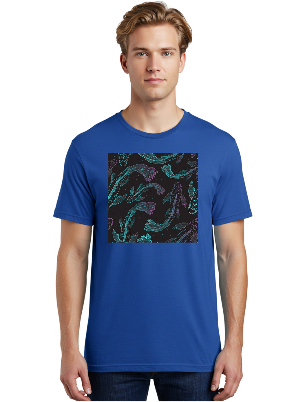 Koi-Fish-Pattern Men'S Graphic Tee, 100% Cotton, Comfortable Casual Summer Wear, Machine Washable, Koi Fish Pattern, Neon Koi, Fish Illustration, Aquatic Design, Vibrant Colors, Whimsical Artwork, Abstract Fish, Digital Art, Koi Fish Art, Aac401