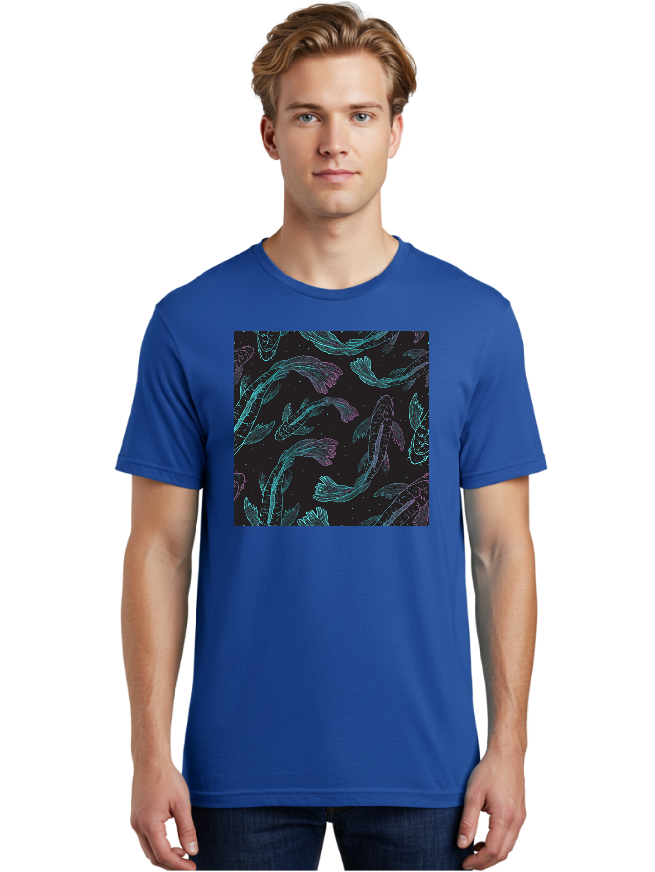 Koi-Fish-Pattern Men'S Graphic Tee, 100% Cotton, Comfortable Casual Summer Wear, Machine Washable, Koi Fish Pattern, Neon Koi, Fish Illustration, Aquatic Design, Vibrant Colors, Whimsical Artwork, Abstract Fish, Digital Art, Koi Fish Art, Aac401