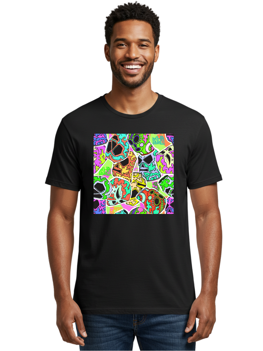 Lull-Em-Bars-Sugar-Skulls Men'S Graphic Tee, 100% Cotton, Comfortable Casual Summer Wear, Machine Washable, Psychedelic Skulls, Vibrant Colors, Floral Patterns, Abstract Designs, Colorful Artwork, Skull Art, Digital Illustration, Lull 'Em Bars Aac403