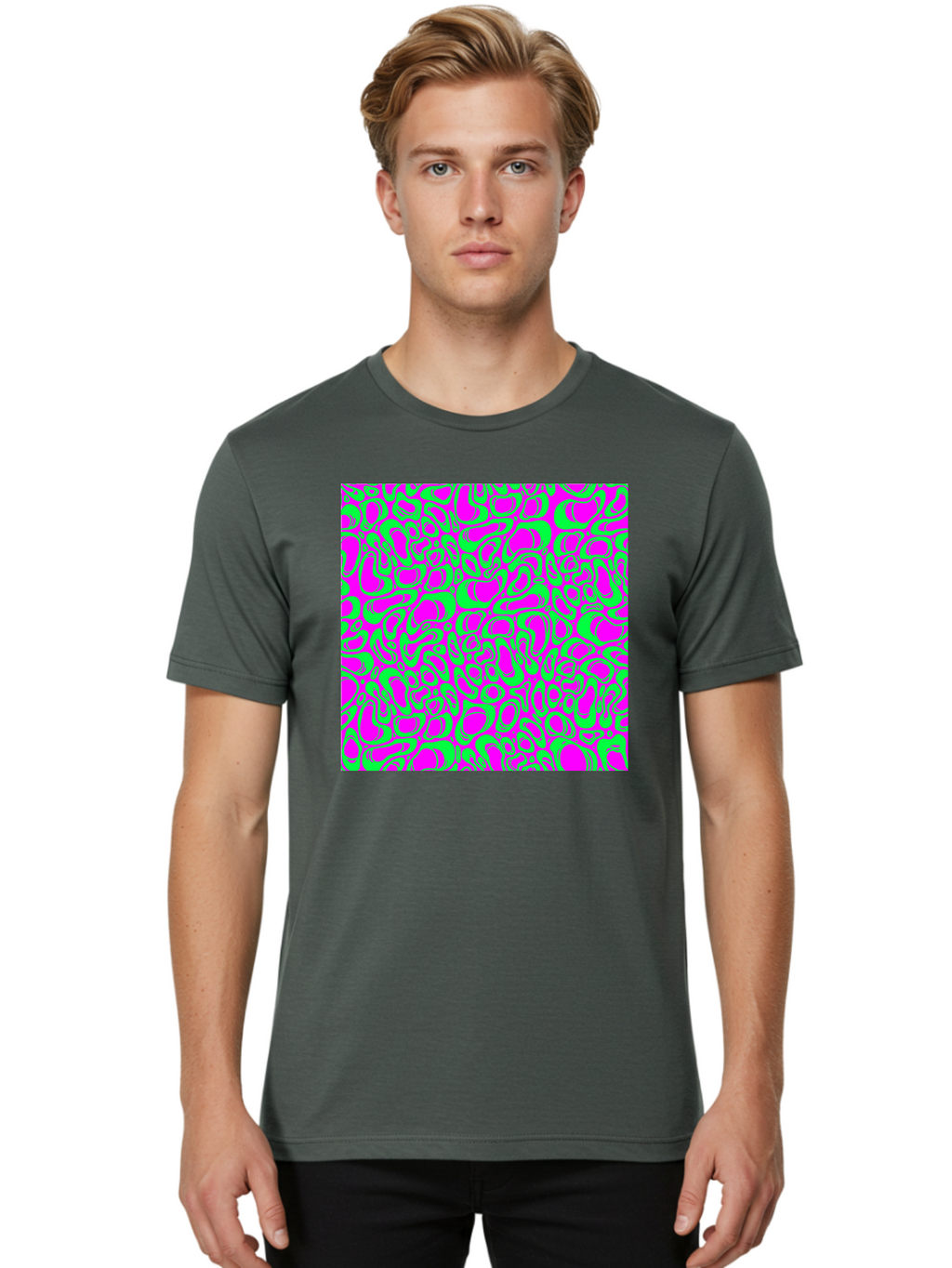 Magenta-And-Green-Pattern Men'S Graphic Tee, 100% Cotton, Comfortable Casual Summer Wear, Machine Washable, Leopard Print Pattern, Animal Print Design, Vibrant Colors, Bold Fashion Statement, Abstract Texture, Colorful Graphic Aac404