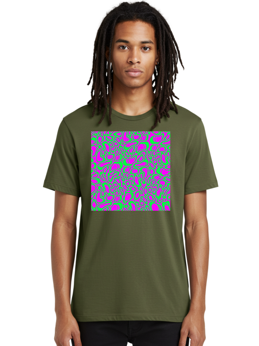 Magenta-And-Green-Pattern Men'S Graphic Tee, 100% Cotton, Comfortable Casual Summer Wear, Machine Washable, Leopard Print Pattern, Animal Print Design, Vibrant Colors, Bold Fashion Statement, Abstract Texture, Colorful Graphic Aac404