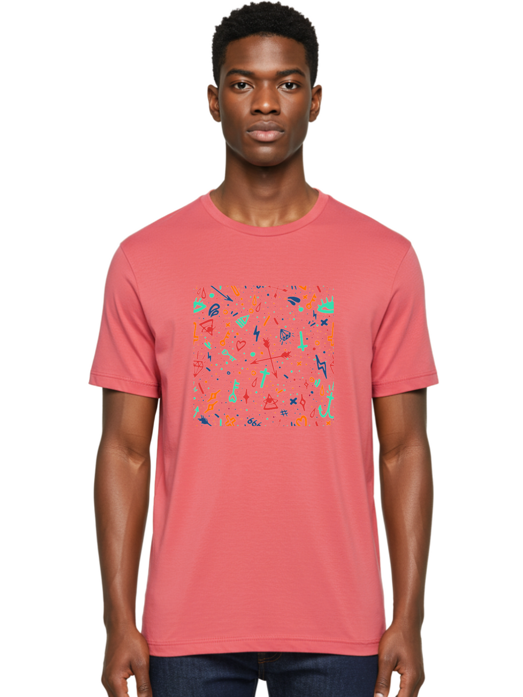 Memphis-Pattern Men'S Graphic Tee, 100% Cotton, Comfortable Casual Summer Wear, Machine Washable, Symbolic Patterns, Mystical Symbols, Occult Designs, Magical Elements, Daggers, Keys, Hearts, Stars, Mystical Themes, Spiritual Motifs, Aac405