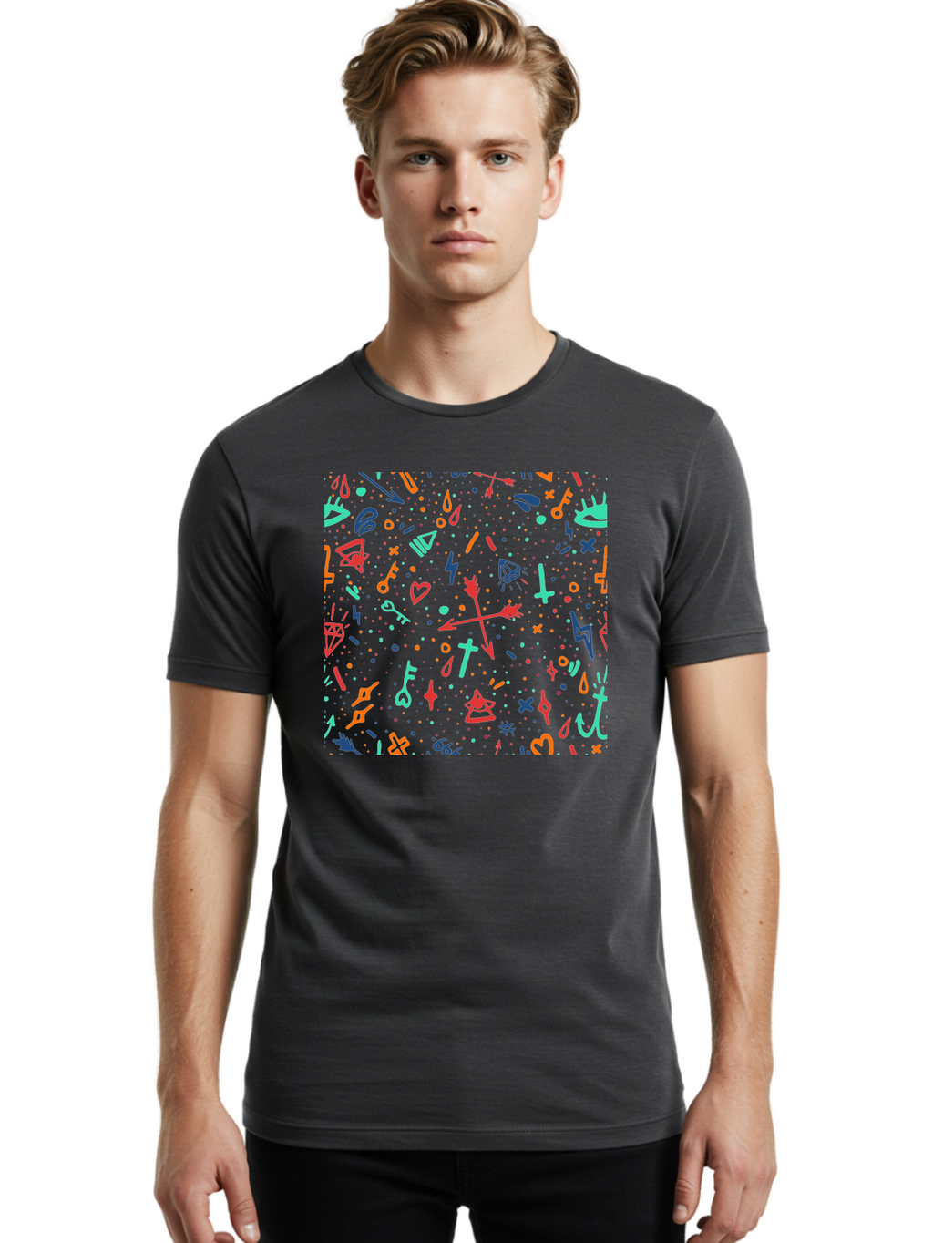 Memphis-Pattern Men'S Graphic Tee, 100% Cotton, Comfortable Casual Summer Wear, Machine Washable, Symbolic Patterns, Mystical Symbols, Occult Designs, Magical Elements, Daggers, Keys, Hearts, Stars, Mystical Themes, Spiritual Motifs, Aac405