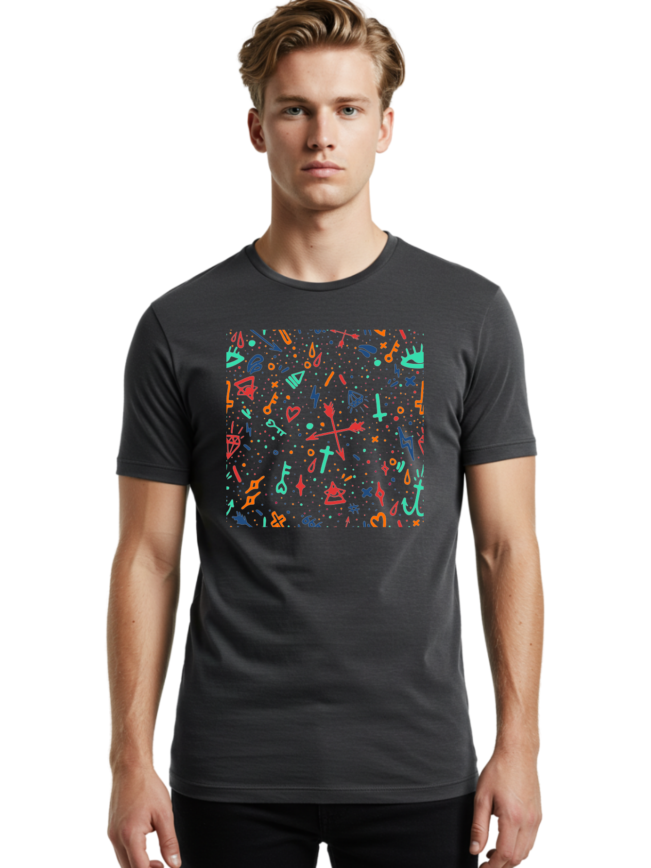 Memphis-Pattern Men'S Graphic Tee, 100% Cotton, Comfortable Casual Summer Wear, Machine Washable, Symbolic Patterns, Mystical Symbols, Occult Designs, Magical Elements, Daggers, Keys, Hearts, Stars, Mystical Themes, Spiritual Motifs, Aac405