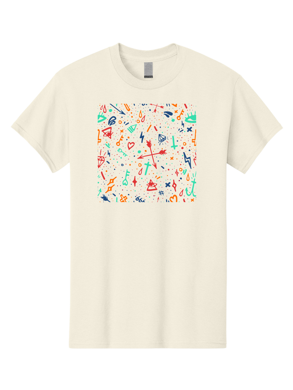 Memphis-Pattern Men'S Graphic Tee, 100% Cotton, Comfortable Casual Summer Wear, Machine Washable, Symbolic Patterns, Mystical Symbols, Occult Designs, Magical Elements, Daggers, Keys, Hearts, Stars, Mystical Themes, Spiritual Motifs, Aac405