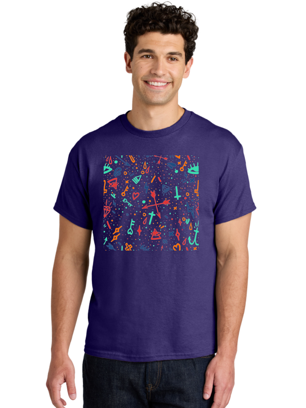 Memphis-Pattern Men'S Graphic Tee, 100% Cotton, Comfortable Casual Summer Wear, Machine Washable, Symbolic Patterns, Mystical Symbols, Occult Designs, Magical Elements, Daggers, Keys, Hearts, Stars, Mystical Themes, Spiritual Motifs, Aac405